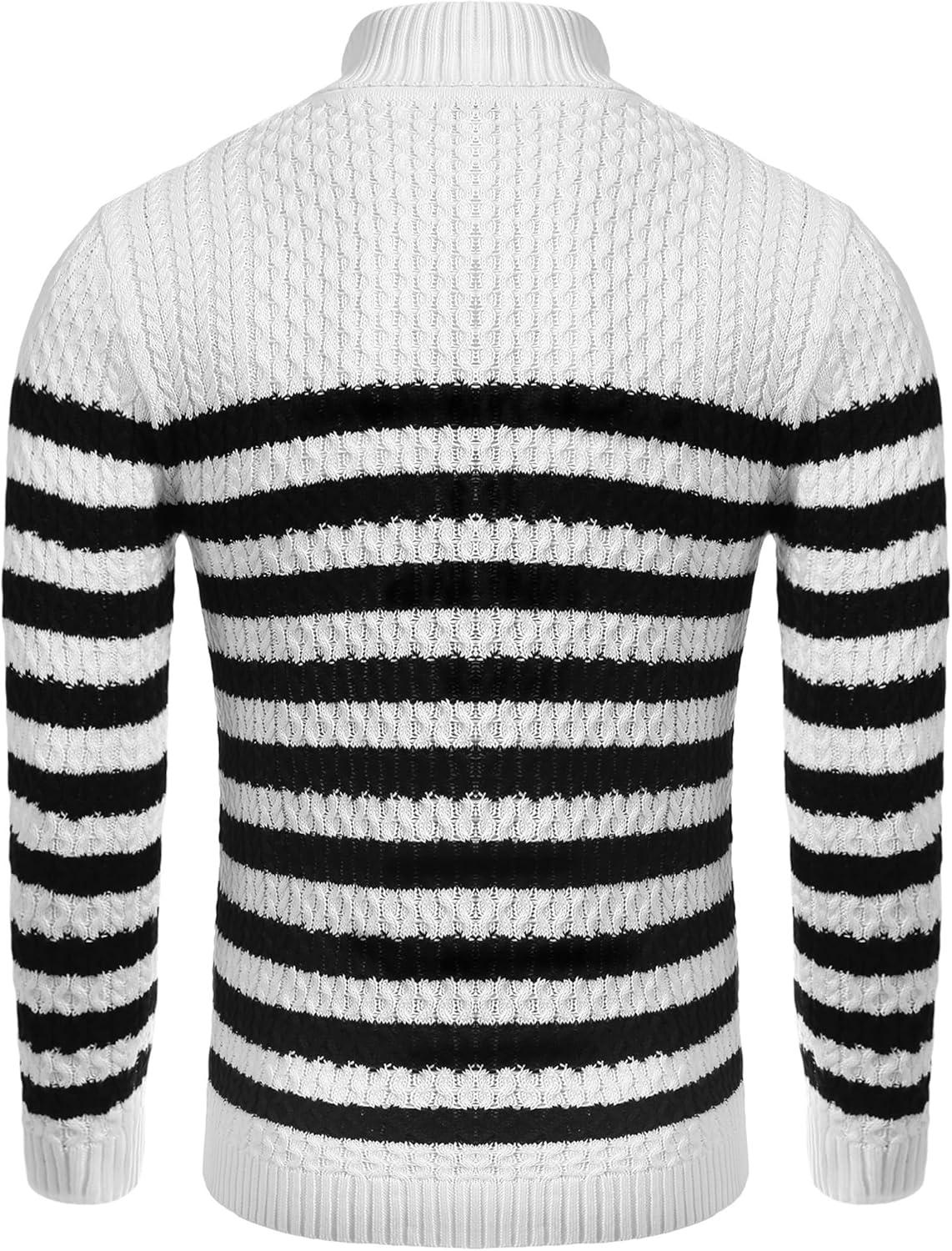 imageCOOFANDY Mens Slim Fit Turtleneck Sweaters Casual Cable Knitted Soft Pullover SweatersBlackWhite Stripes