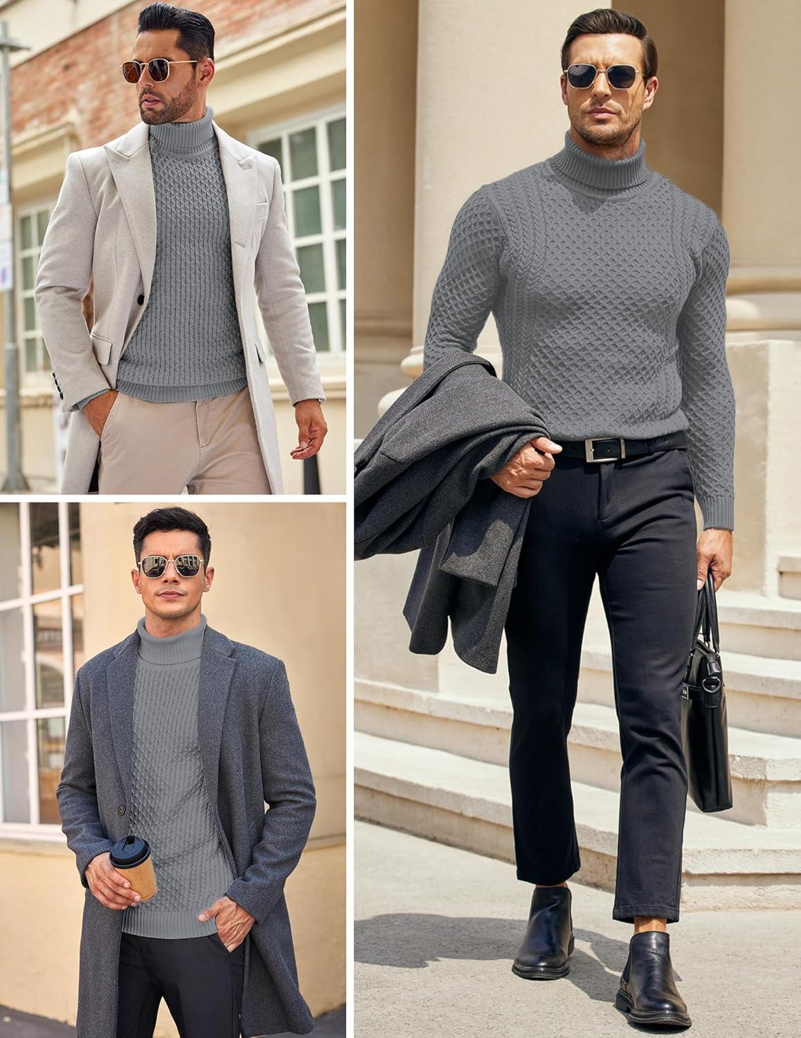imageCOOFANDY Mens Slim Fit Turtleneck Sweaters Casual Cable Knitted Soft Pullover SweatersGray