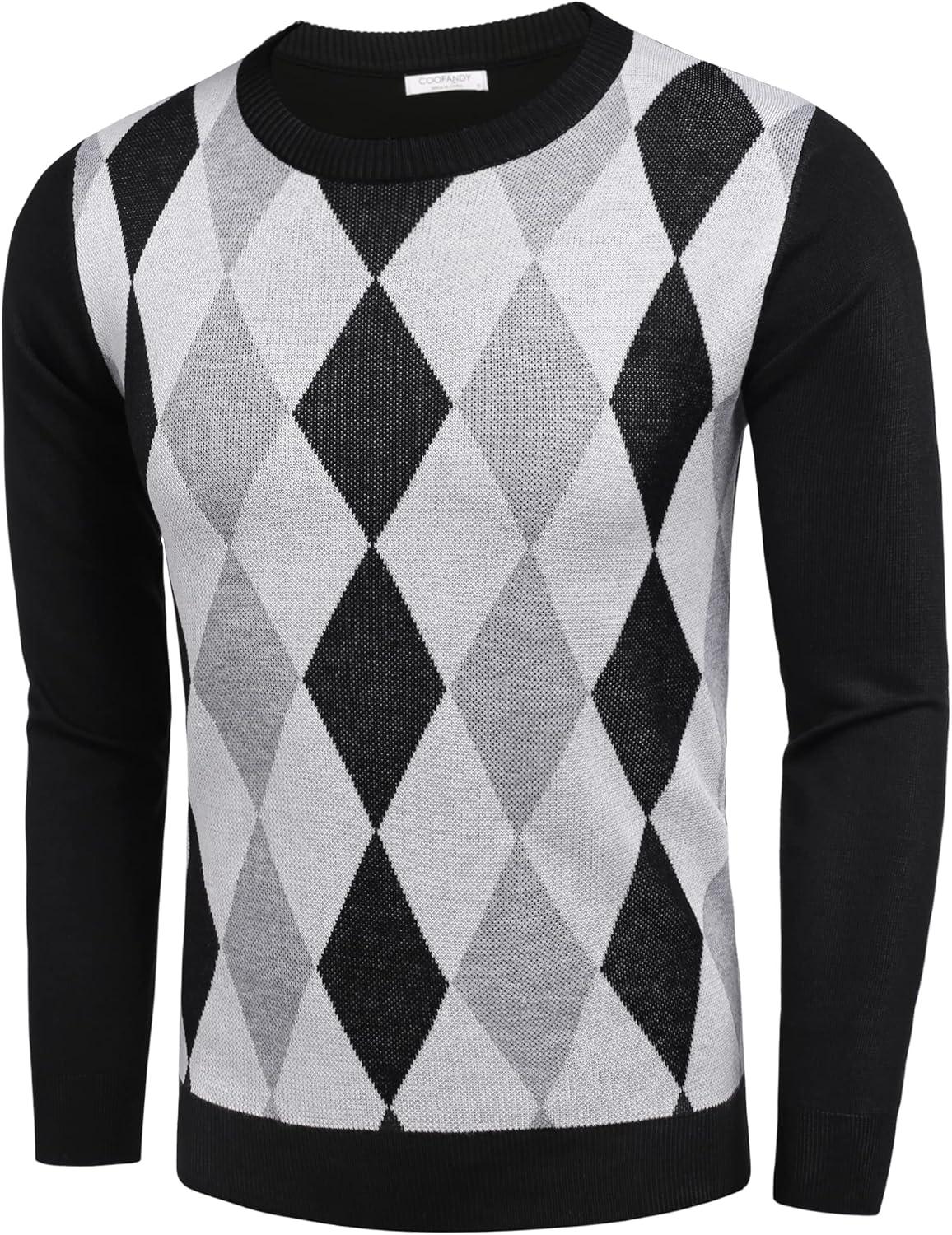 imageCOOFANDY Mens Sweater Crewneck Pullover Long Sleeve Lightweight Sweater Plain Knit Silm FitBlack Argyle