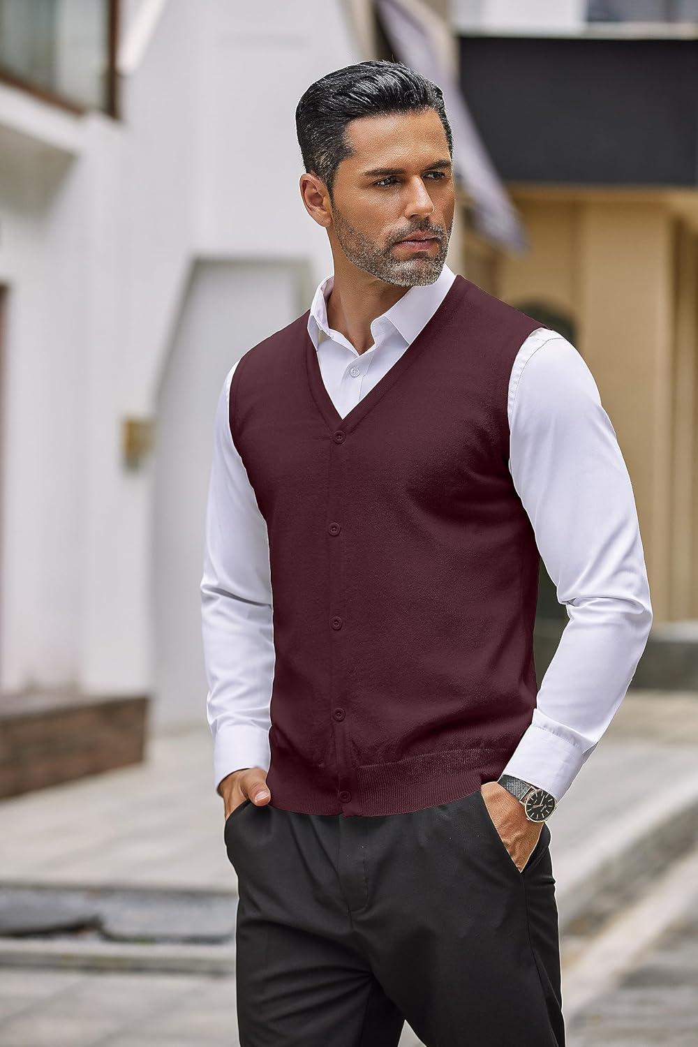 imageCOOFANDY Mens Sweater Vest V Neck Casual Sleeveless Knitted Button Cardigan VestWine Red