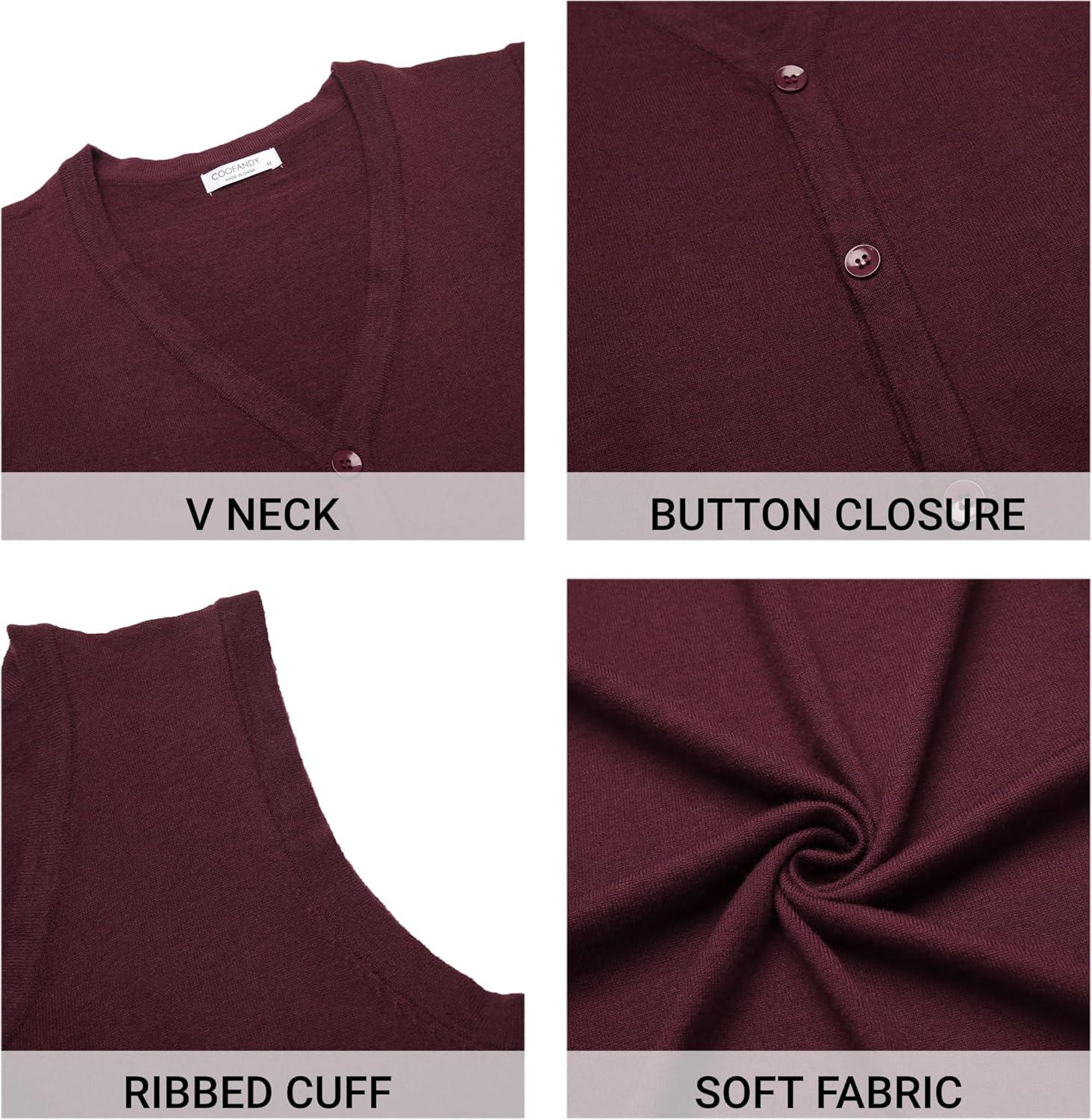 imageCOOFANDY Mens Sweater Vest V Neck Casual Sleeveless Knitted Button Cardigan VestWine Red