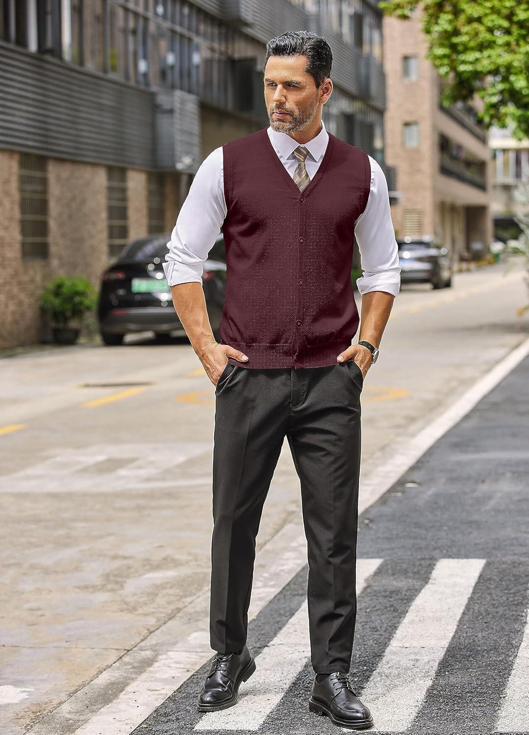 imageCOOFANDY Mens Sweater Vest V Neck Casual Sleeveless Knitted Button Cardigan VestWine Red