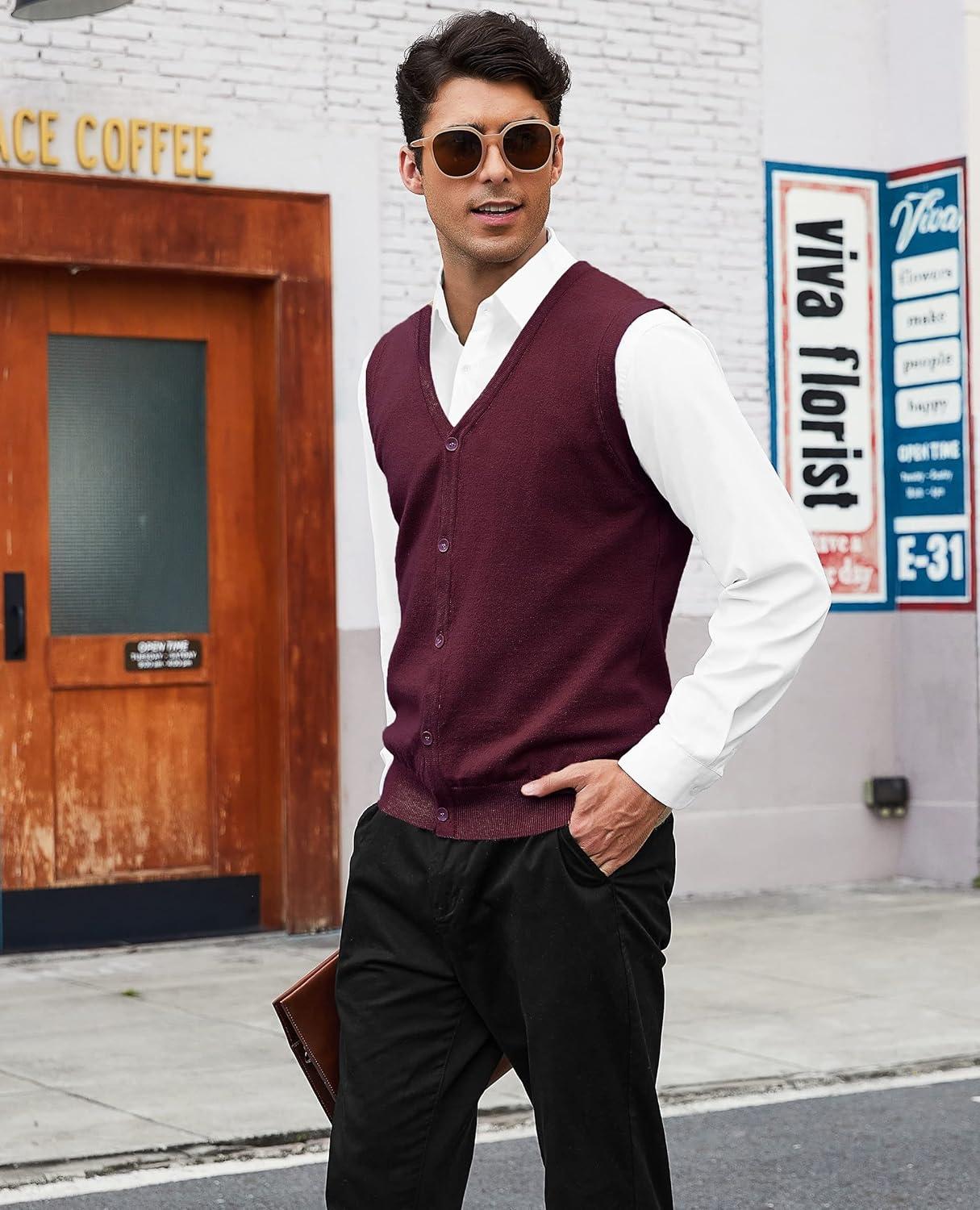 imageCOOFANDY Mens Sweater Vest V Neck Casual Sleeveless Knitted Button Cardigan VestWine Red