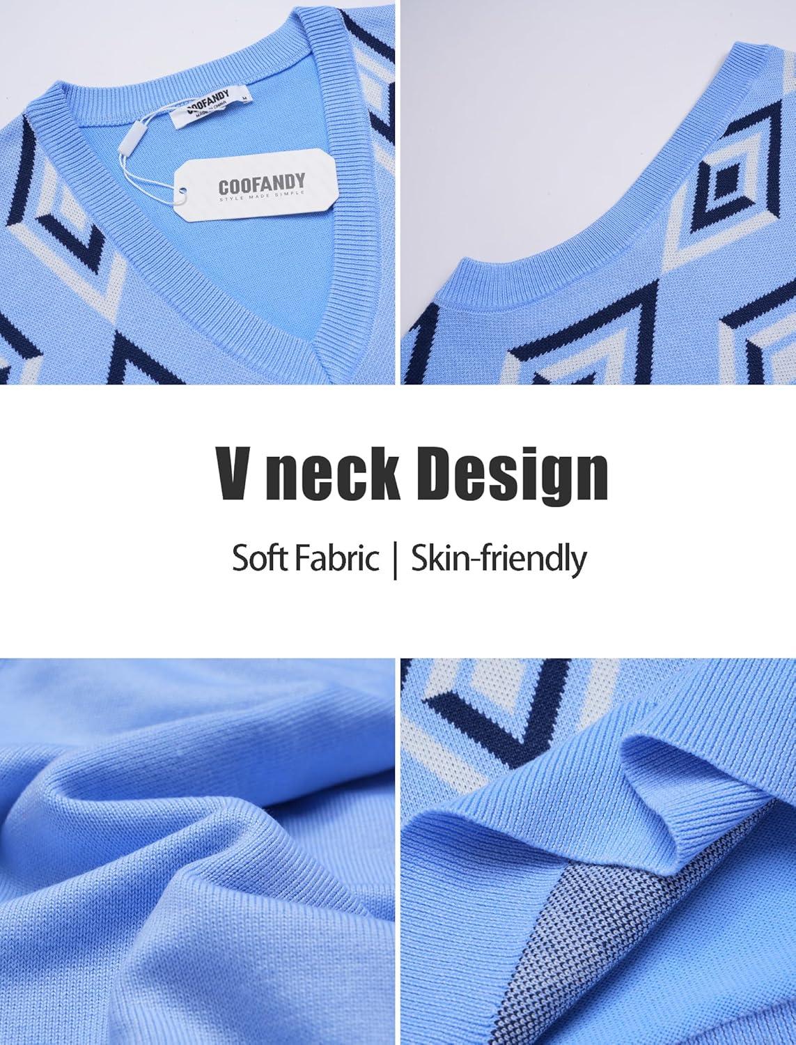 imageCOOFANDY Mens Sweater Vest V Neck Sleeveless Sweater Slim Fit Casual Knitted Pullover SweaterArgyle Blue