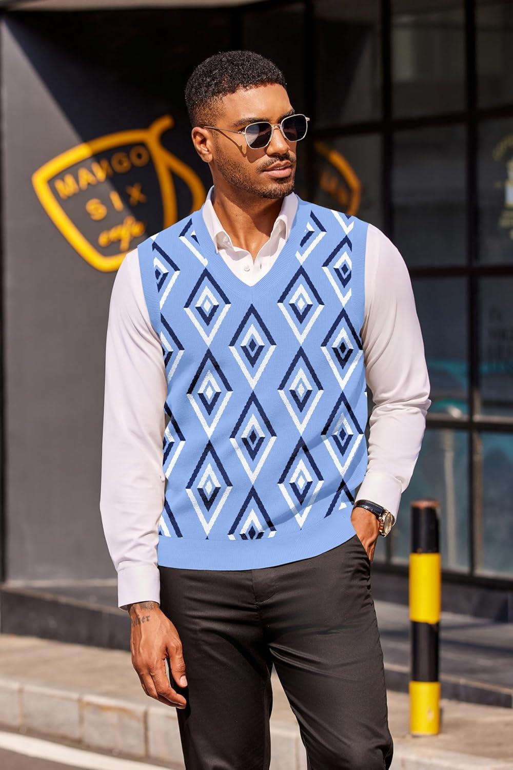 imageCOOFANDY Mens Sweater Vest V Neck Sleeveless Sweater Slim Fit Casual Knitted Pullover SweaterArgyle Blue
