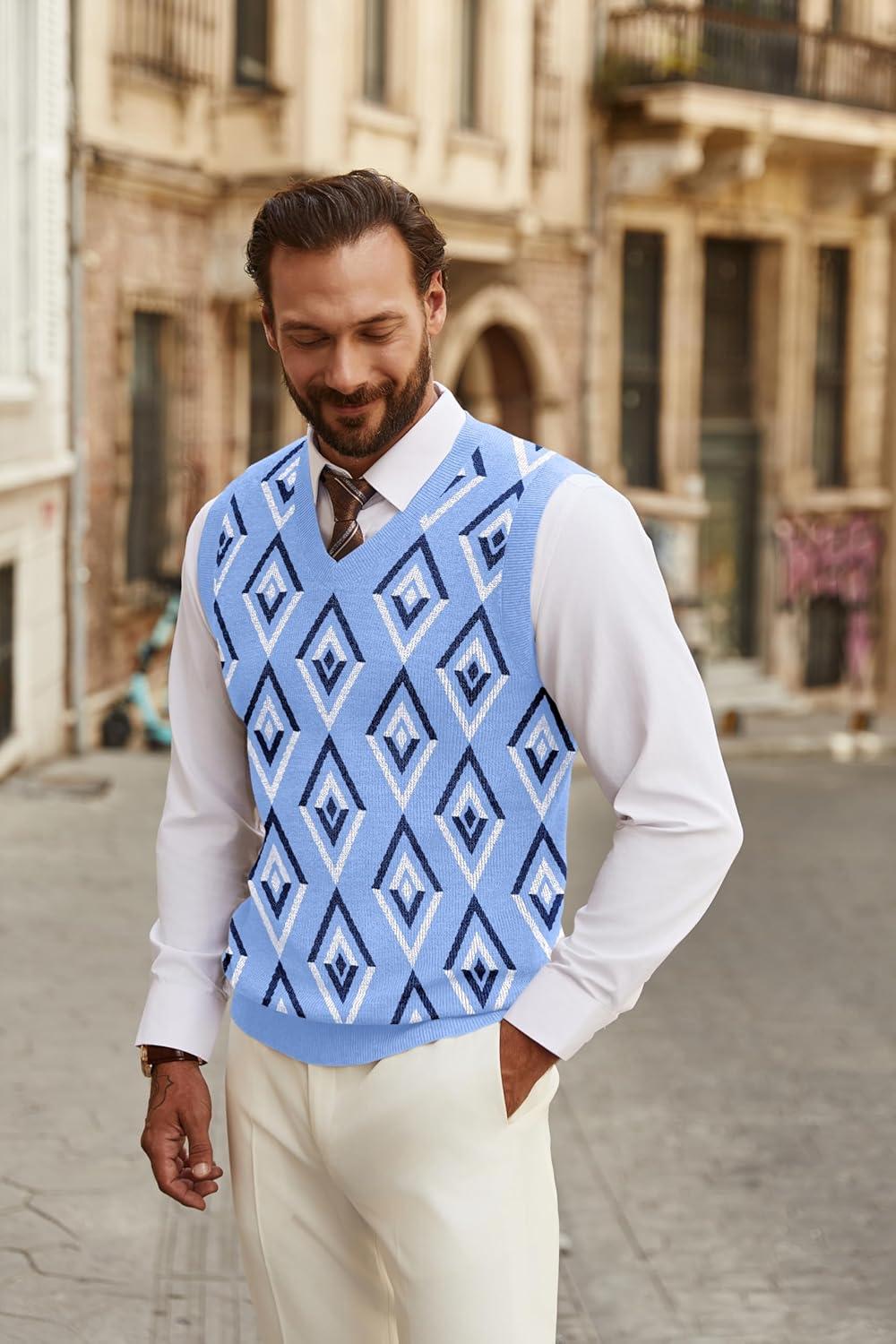 imageCOOFANDY Mens Sweater Vest V Neck Sleeveless Sweater Slim Fit Casual Knitted Pullover SweaterArgyle Blue