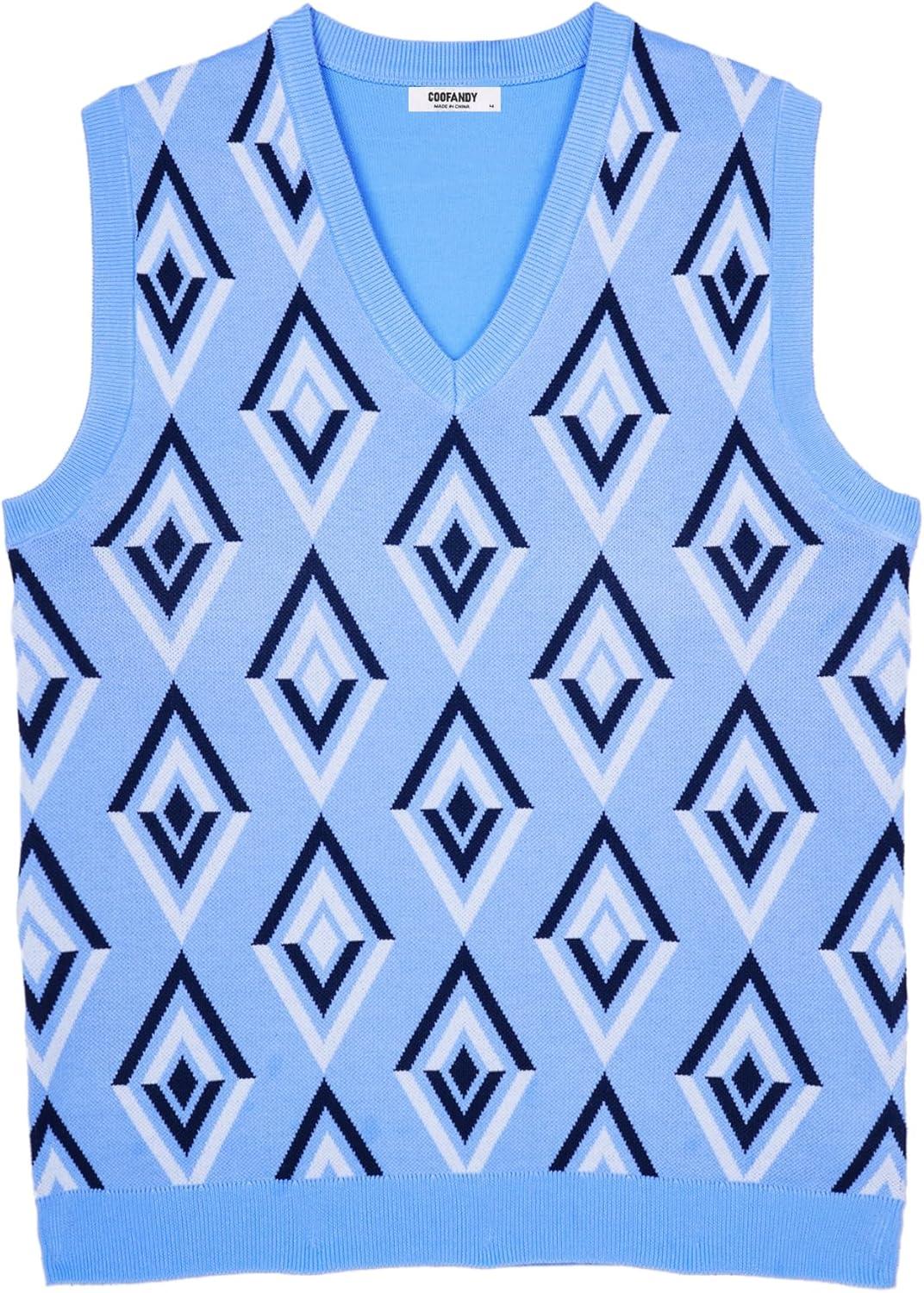 imageCOOFANDY Mens Sweater Vest V Neck Sleeveless Sweater Slim Fit Casual Knitted Pullover SweaterArgyle Blue