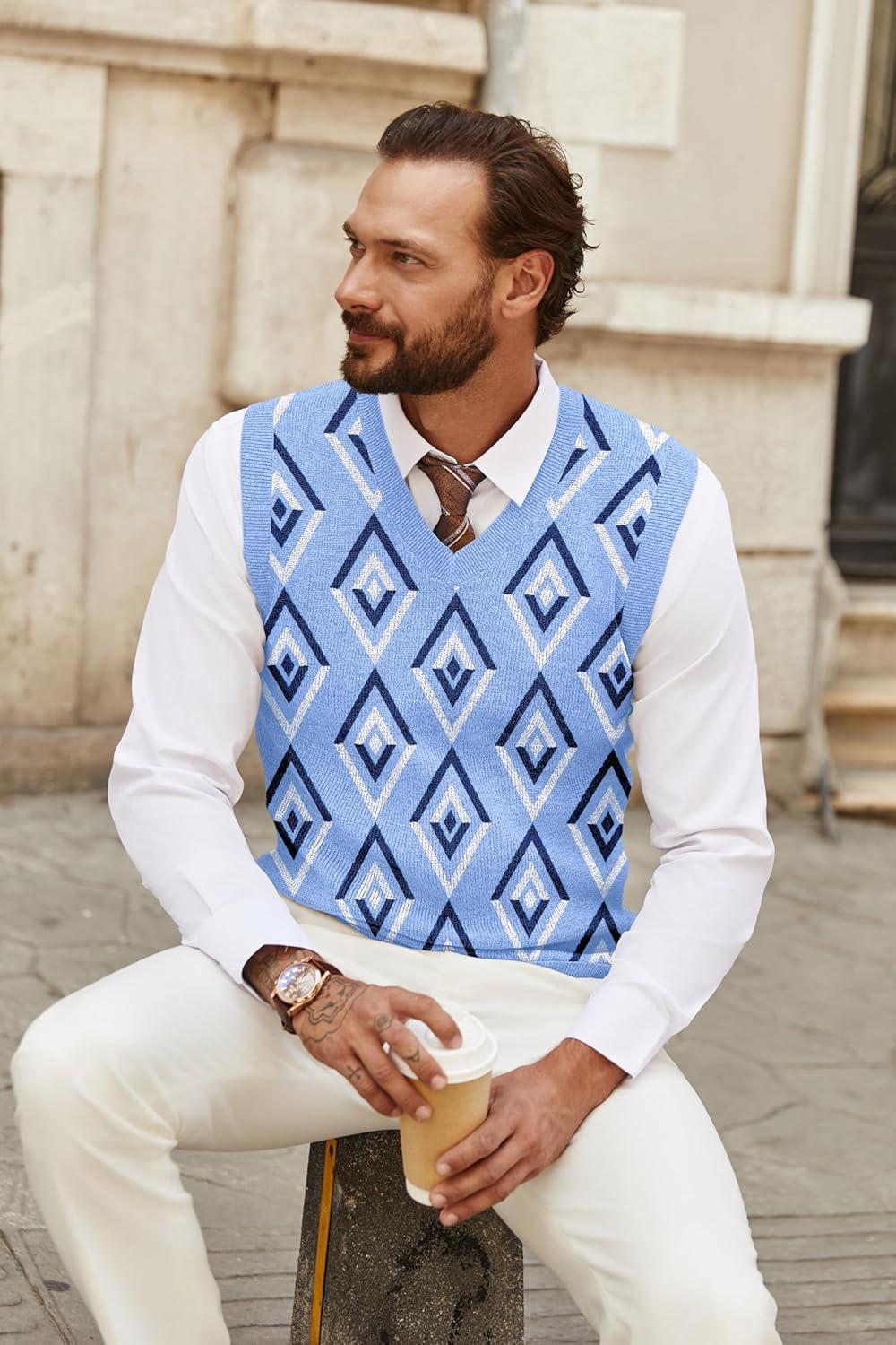 imageCOOFANDY Mens Sweater Vest V Neck Sleeveless Sweater Slim Fit Casual Knitted Pullover SweaterArgyle Blue