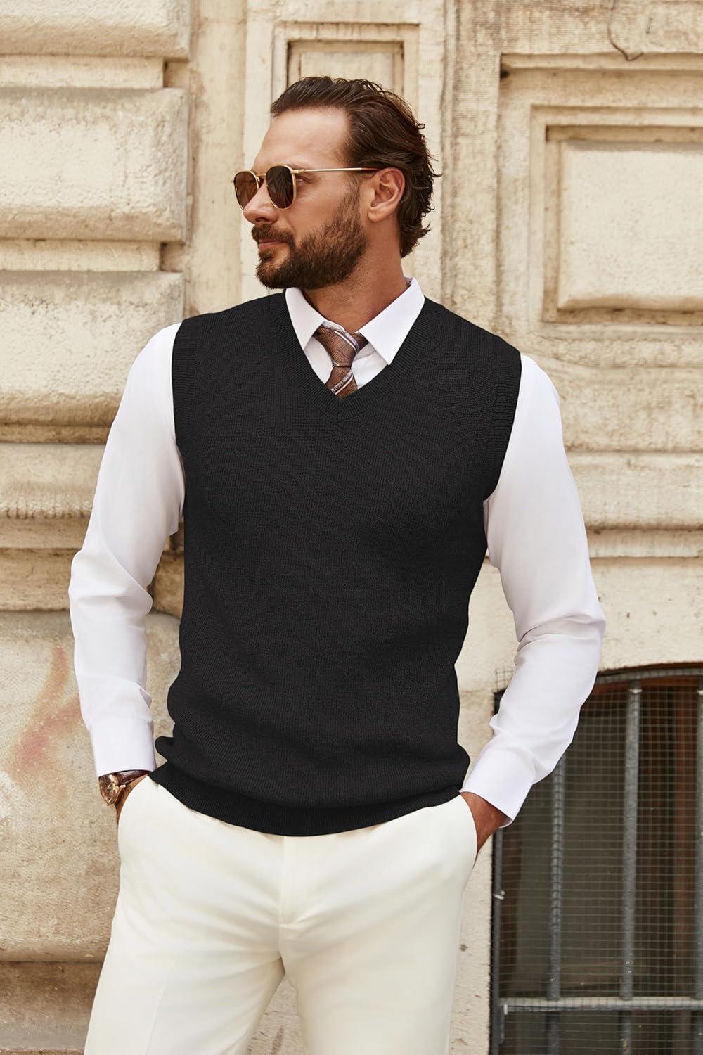 imageCOOFANDY Mens Sweater Vest V Neck Sleeveless Sweater Slim Fit Casual Knitted Pullover SweaterBlack