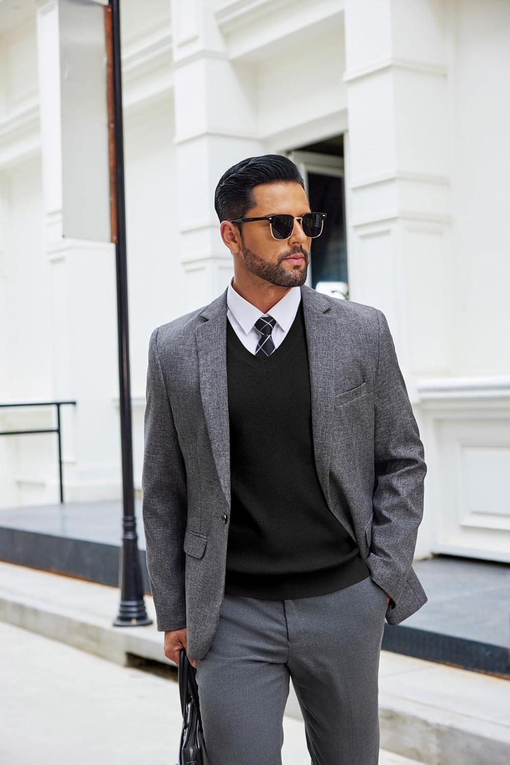 imageCOOFANDY Mens Sweater Vest V Neck Sleeveless Sweater Slim Fit Casual Knitted Pullover SweaterBlack