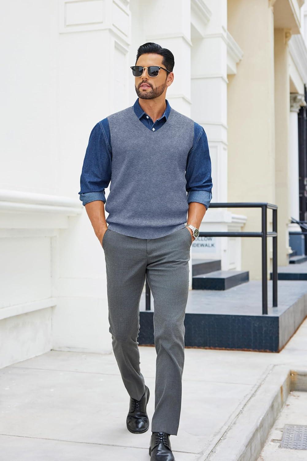 imageCOOFANDY Mens Sweater Vest V Neck Sleeveless Sweater Slim Fit Casual Knitted Pullover SweaterBlue and White