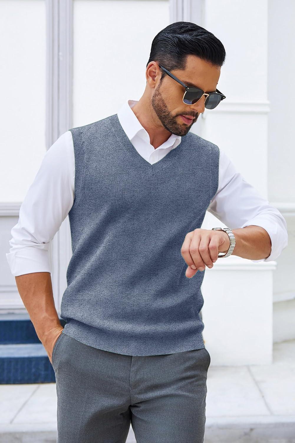 imageCOOFANDY Mens Sweater Vest V Neck Sleeveless Sweater Slim Fit Casual Knitted Pullover SweaterBlue and White
