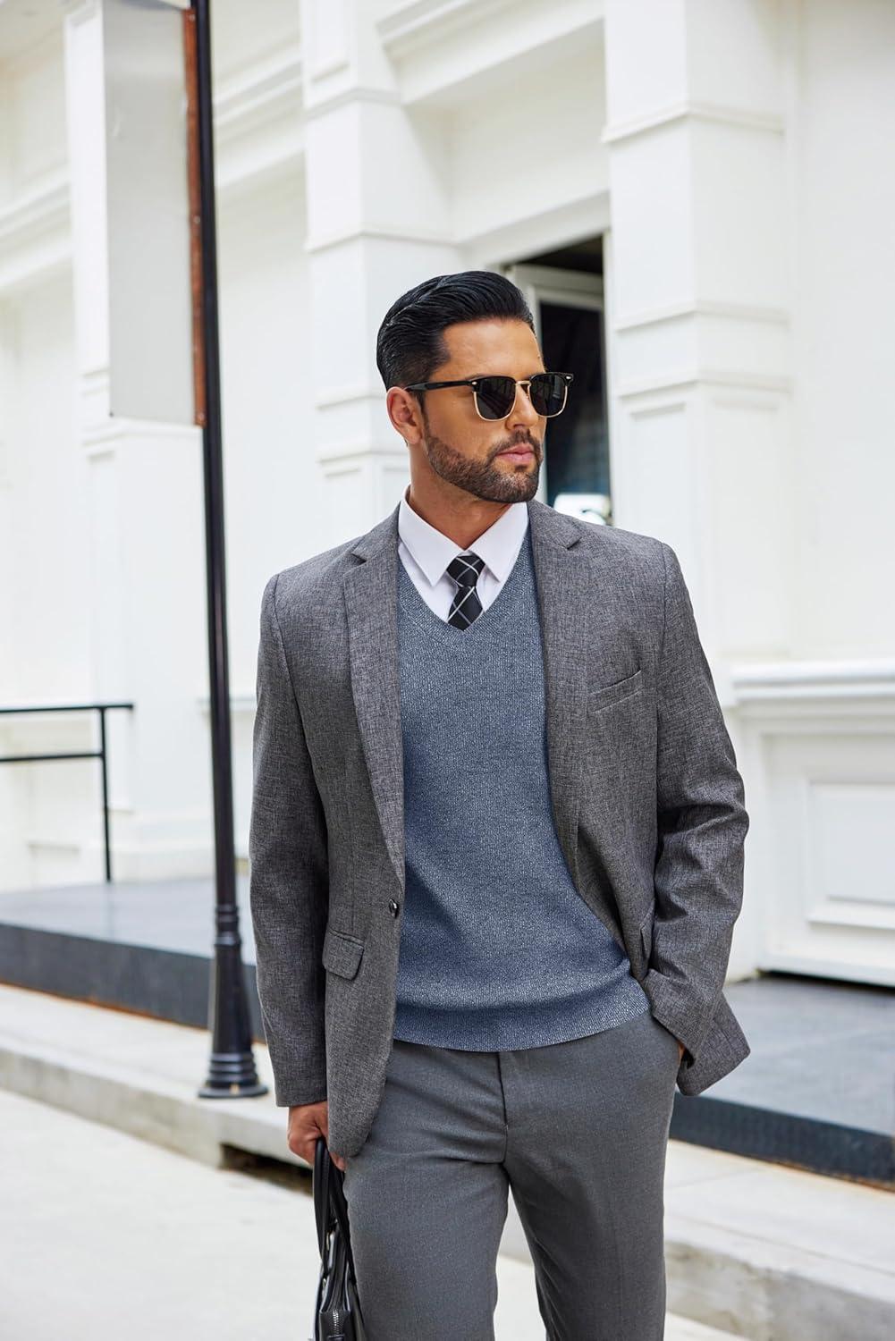 imageCOOFANDY Mens Sweater Vest V Neck Sleeveless Sweater Slim Fit Casual Knitted Pullover SweaterBlue and White