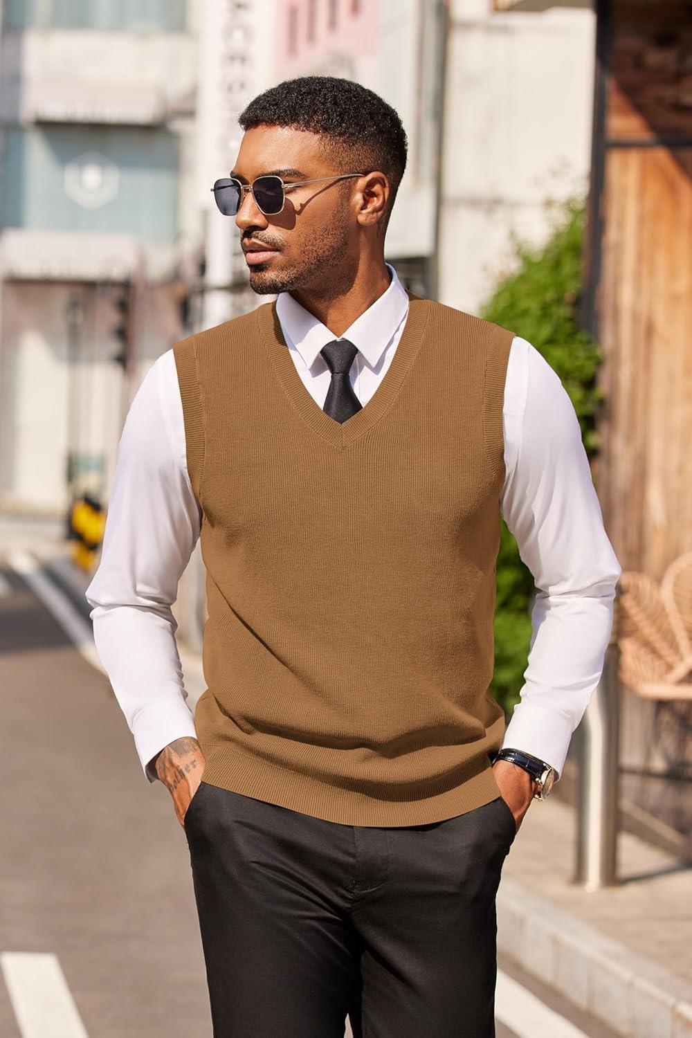 imageCOOFANDY Mens Sweater Vest V Neck Sleeveless Sweater Slim Fit Casual Knitted Pullover SweaterBrown