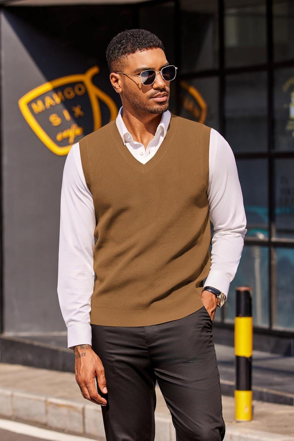 imageCOOFANDY Mens Sweater Vest V Neck Sleeveless Sweater Slim Fit Casual Knitted Pullover SweaterBrown