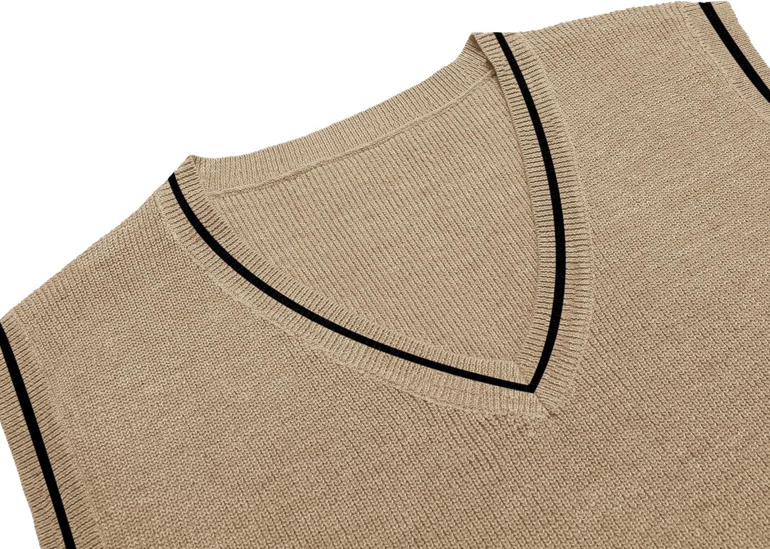 imageCOOFANDY Mens Sweater Vest V Neck Sleeveless Sweater Slim Fit Casual Knitted Pullover SweaterKhaki and Black Stripe