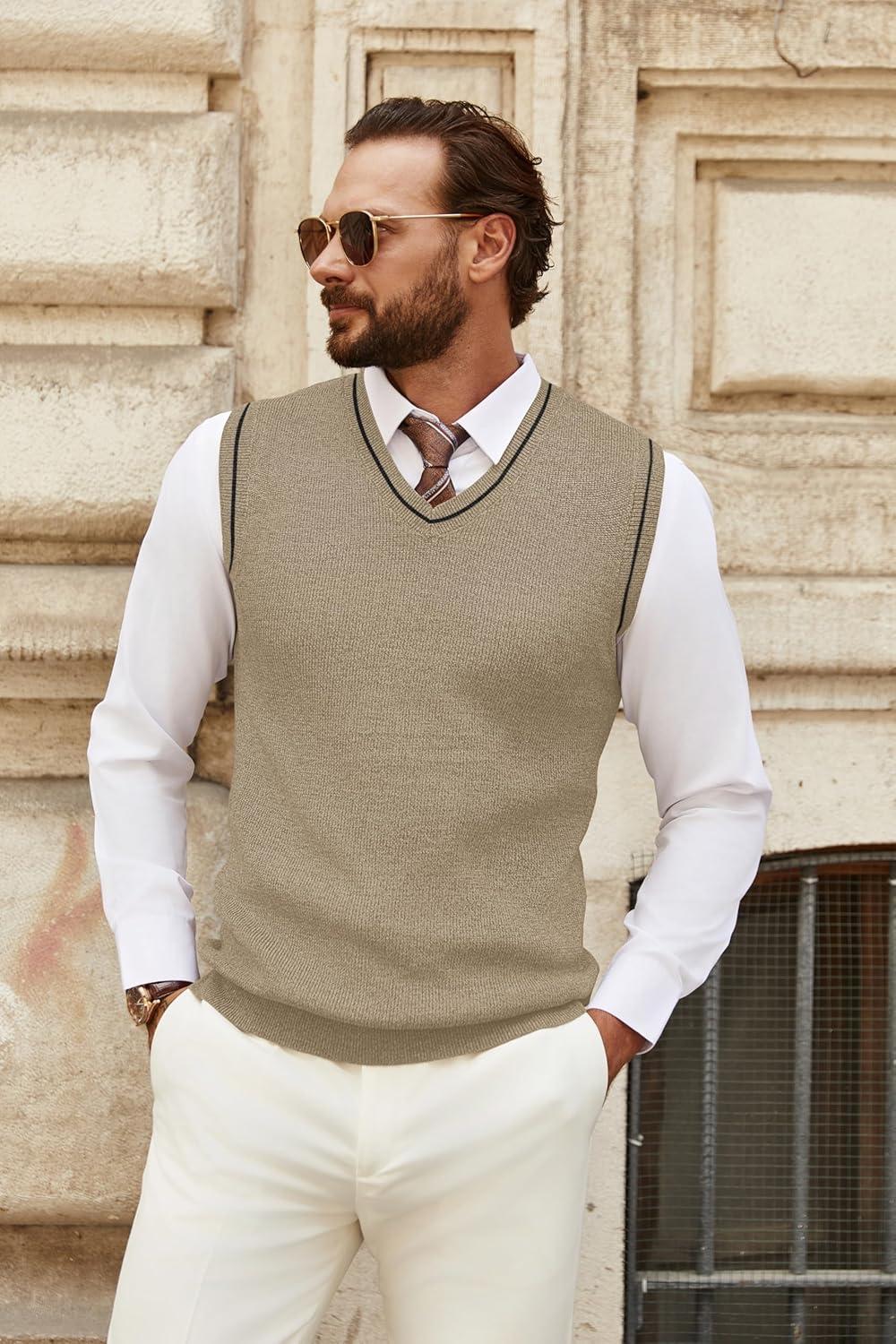 imageCOOFANDY Mens Sweater Vest V Neck Sleeveless Sweater Slim Fit Casual Knitted Pullover SweaterKhaki and Black Stripe