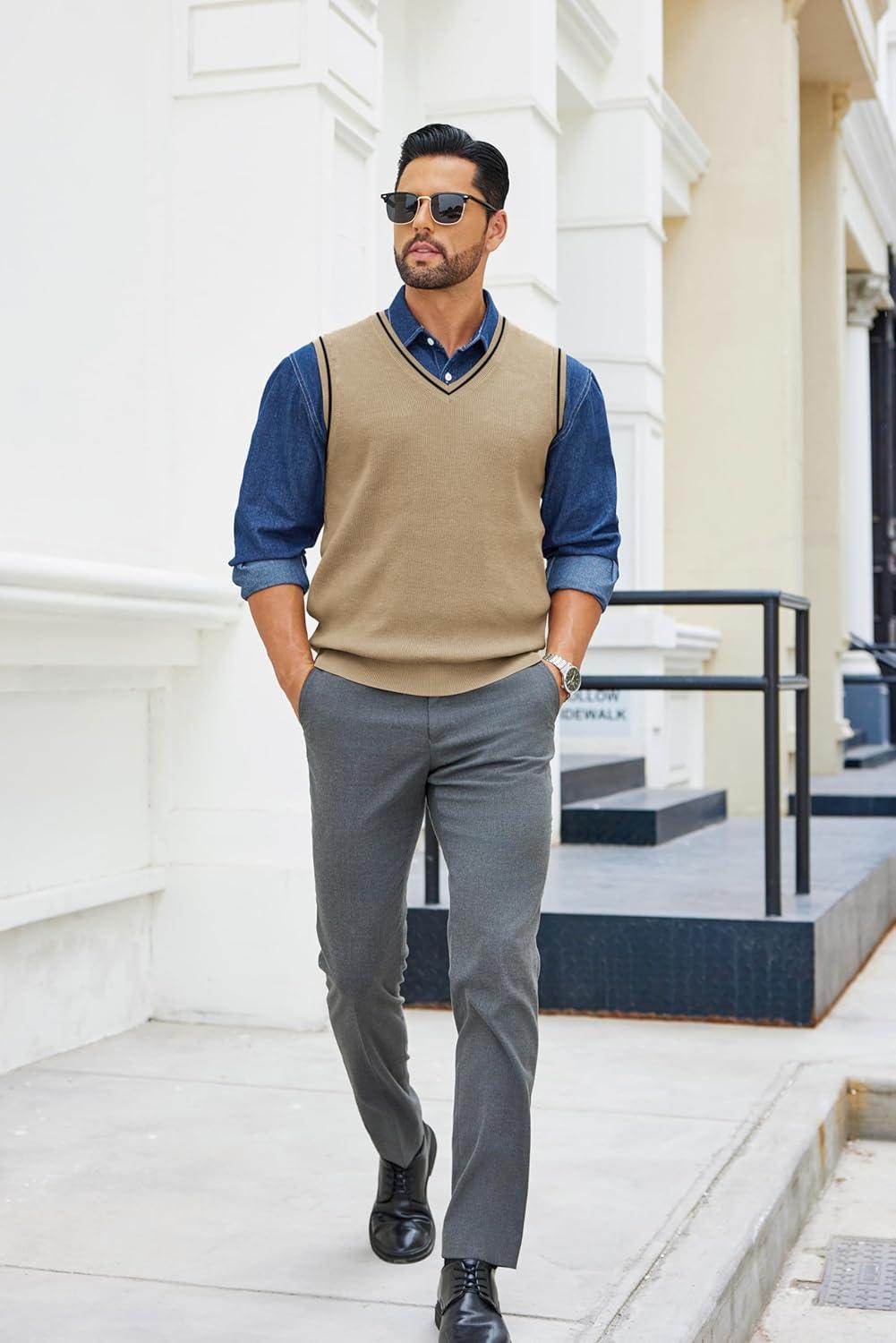 imageCOOFANDY Mens Sweater Vest V Neck Sleeveless Sweater Slim Fit Casual Knitted Pullover SweaterKhaki and Black Stripe