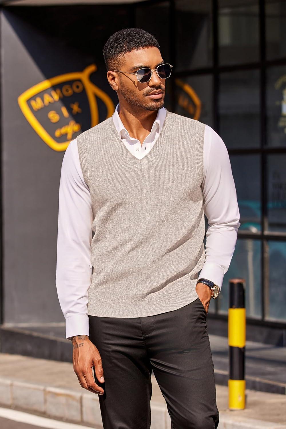 imageCOOFANDY Mens Sweater Vest V Neck Sleeveless Sweater Slim Fit Casual Knitted Pullover SweaterLight Khaki