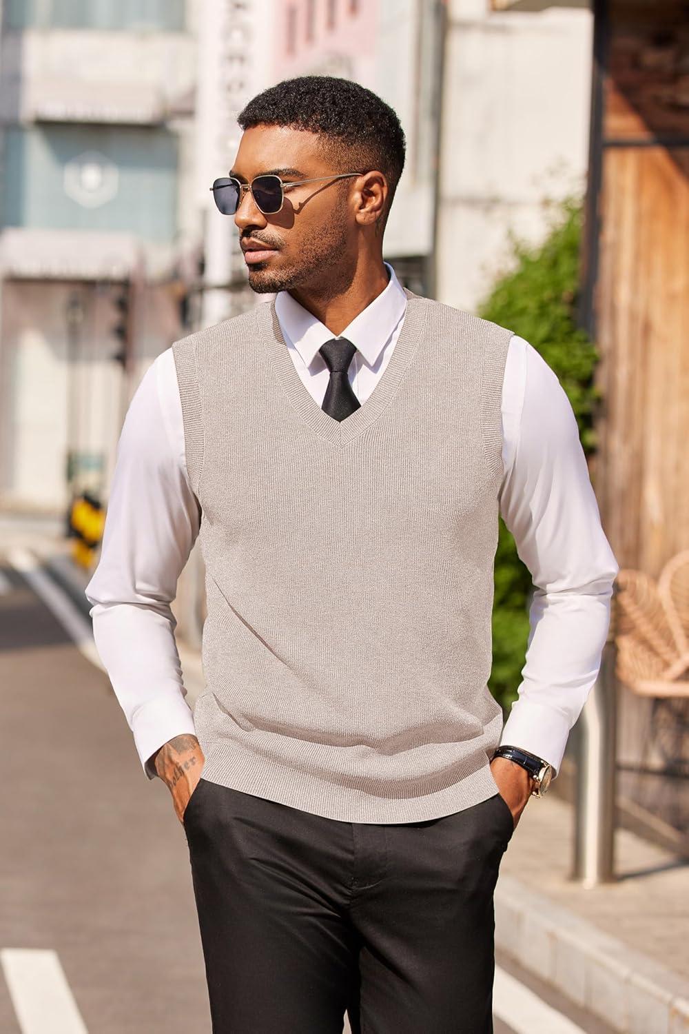 imageCOOFANDY Mens Sweater Vest V Neck Sleeveless Sweater Slim Fit Casual Knitted Pullover SweaterLight Khaki