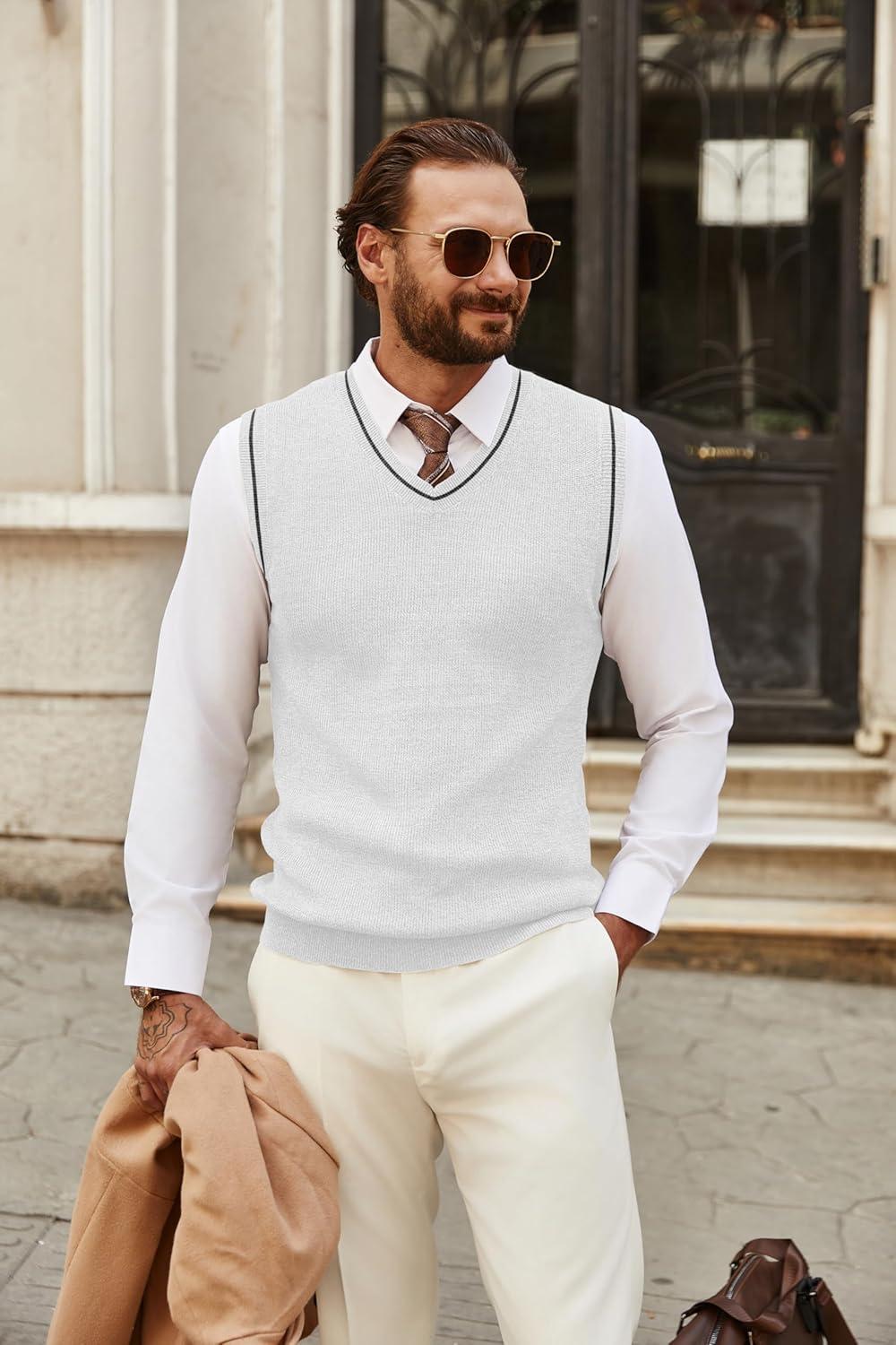 imageCOOFANDY Mens Sweater Vest V Neck Sleeveless Sweater Slim Fit Casual Knitted Pullover SweaterWhite and Black Stripe