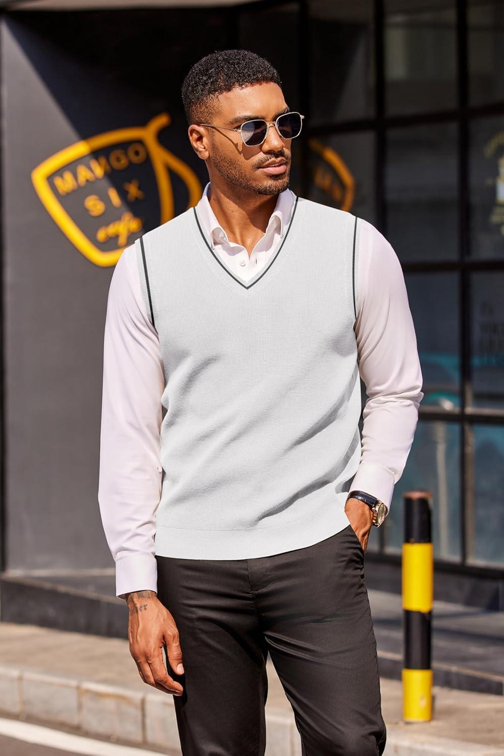 imageCOOFANDY Mens Sweater Vest V Neck Sleeveless Sweater Slim Fit Casual Knitted Pullover SweaterWhite and Black Stripe