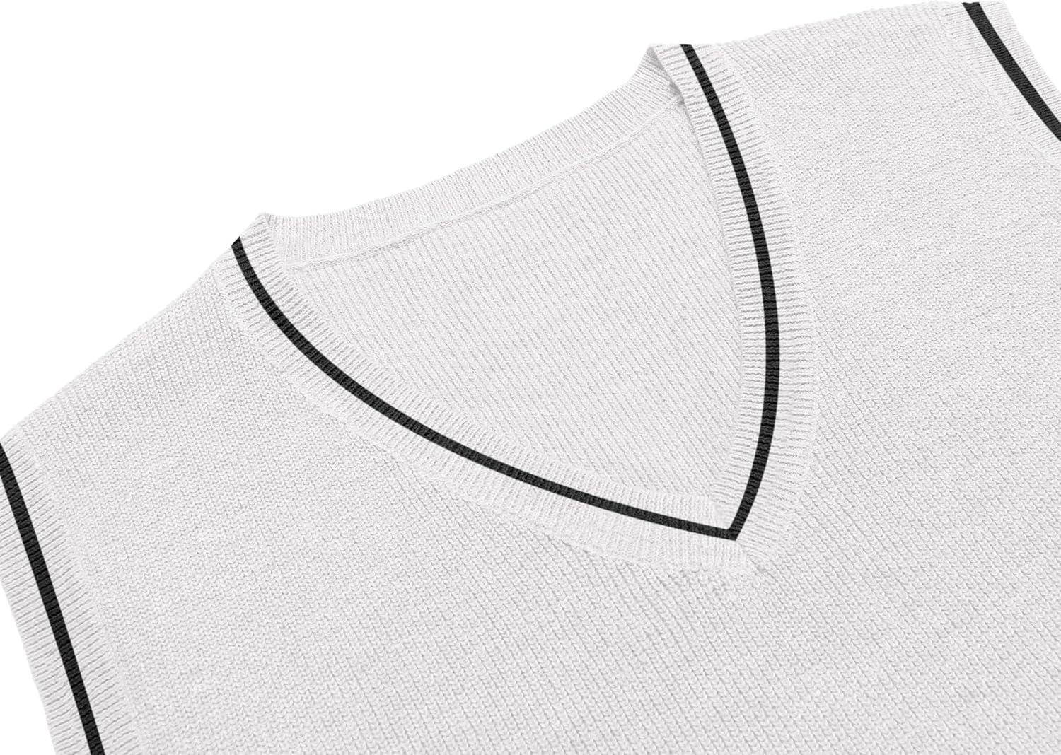 imageCOOFANDY Mens Sweater Vest V Neck Sleeveless Sweater Slim Fit Casual Knitted Pullover SweaterWhite and Black Stripe