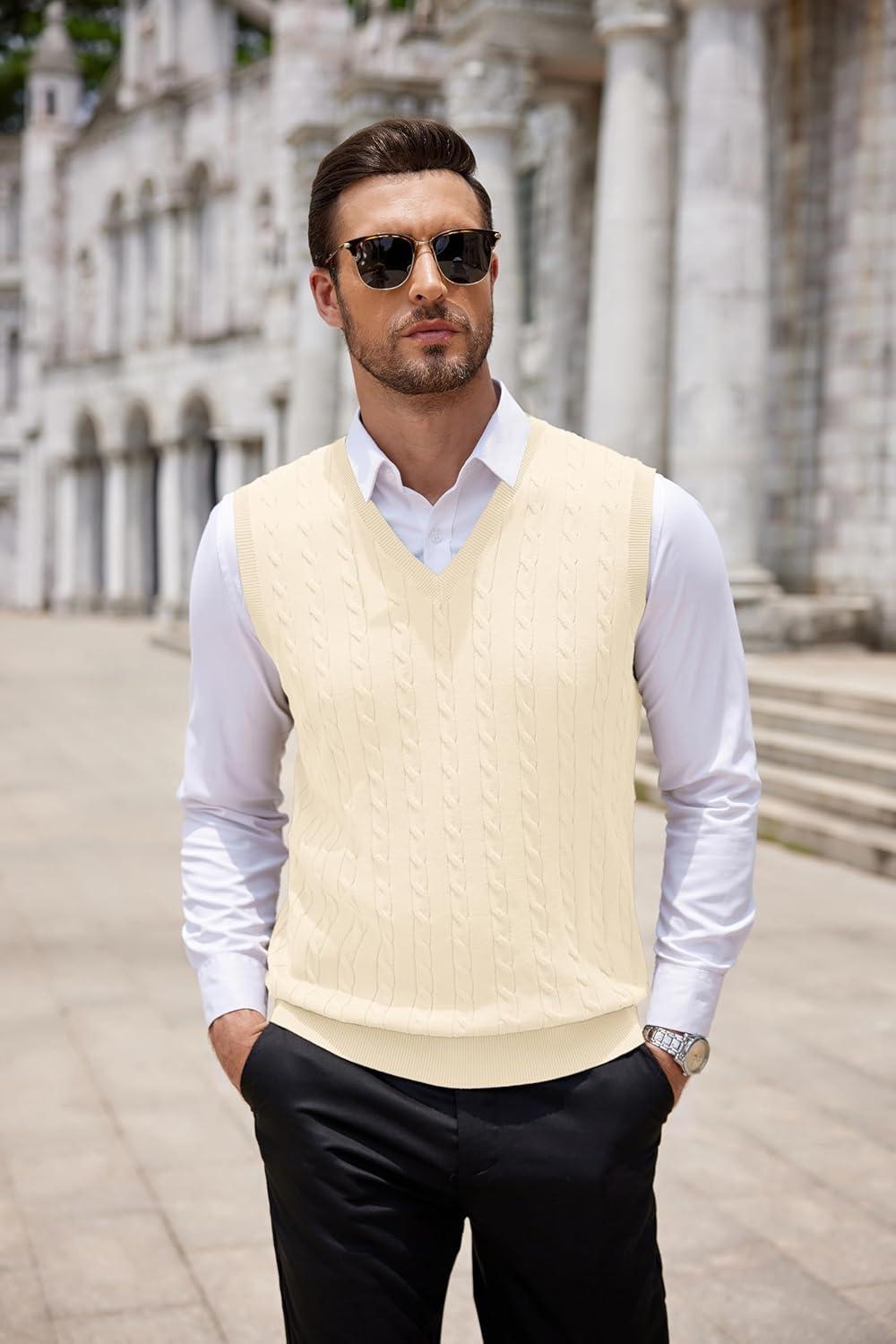 imageCOOFANDY Mens Sweater Vest V Neck Slim Fit Cable Knitted Sleeveless Pullover SweaterBeige