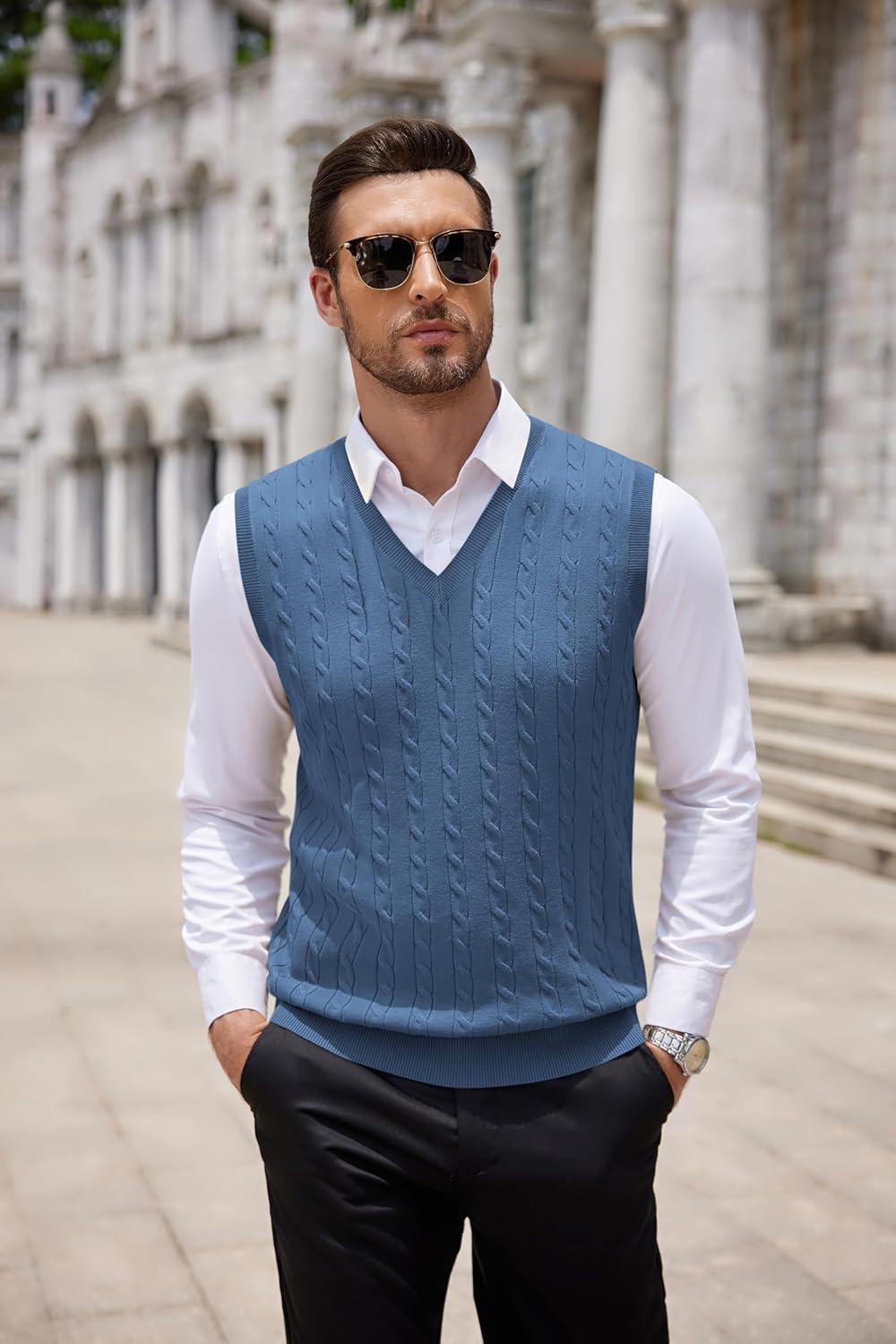 imageCOOFANDY Mens Sweater Vest V Neck Slim Fit Cable Knitted Sleeveless Pullover SweaterBlue