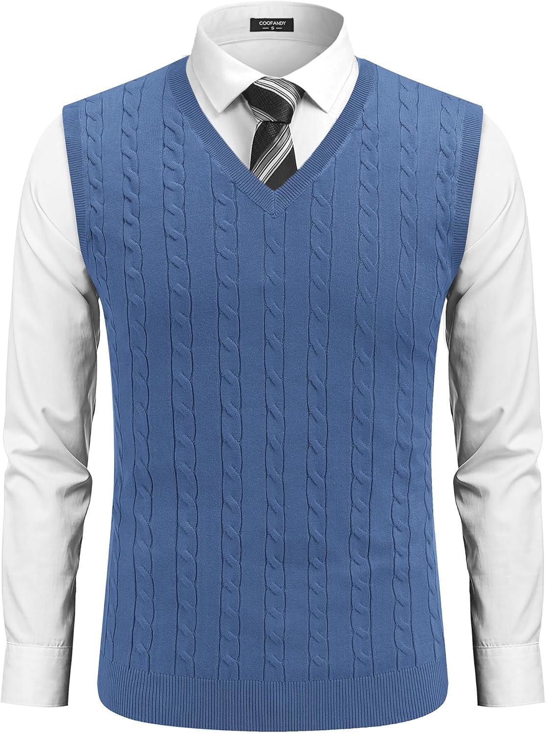 imageCOOFANDY Mens Sweater Vest V Neck Slim Fit Cable Knitted Sleeveless Pullover SweaterBlue