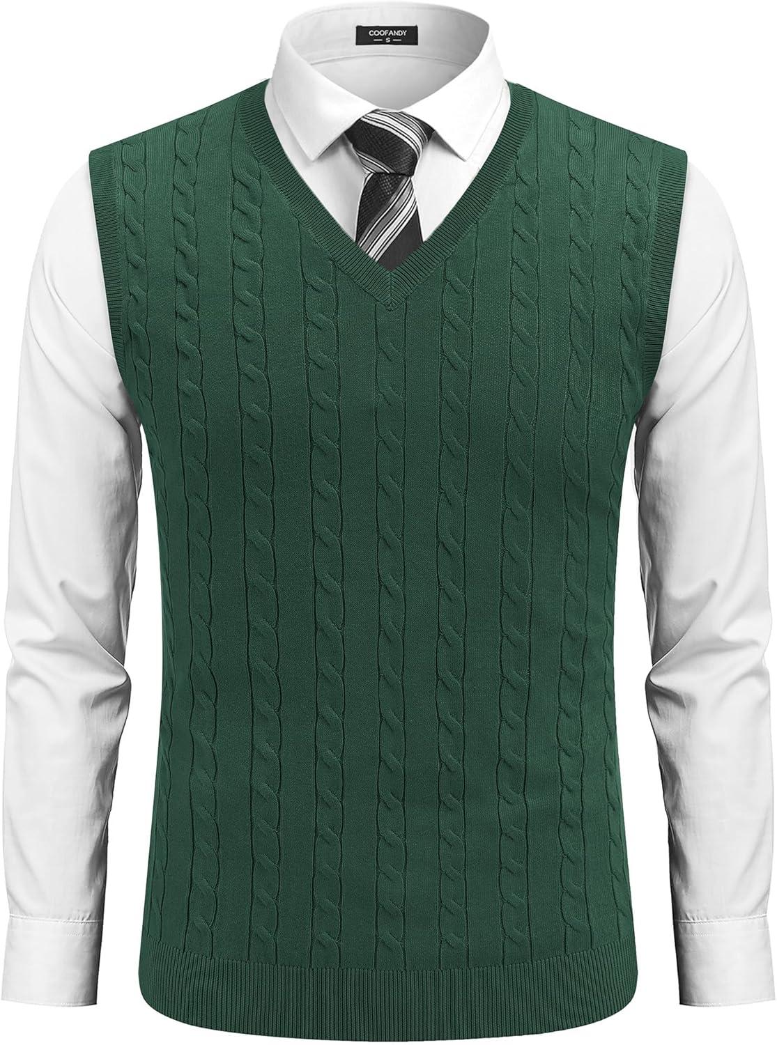imageCOOFANDY Mens Sweater Vest V Neck Slim Fit Cable Knitted Sleeveless Pullover SweaterGreen