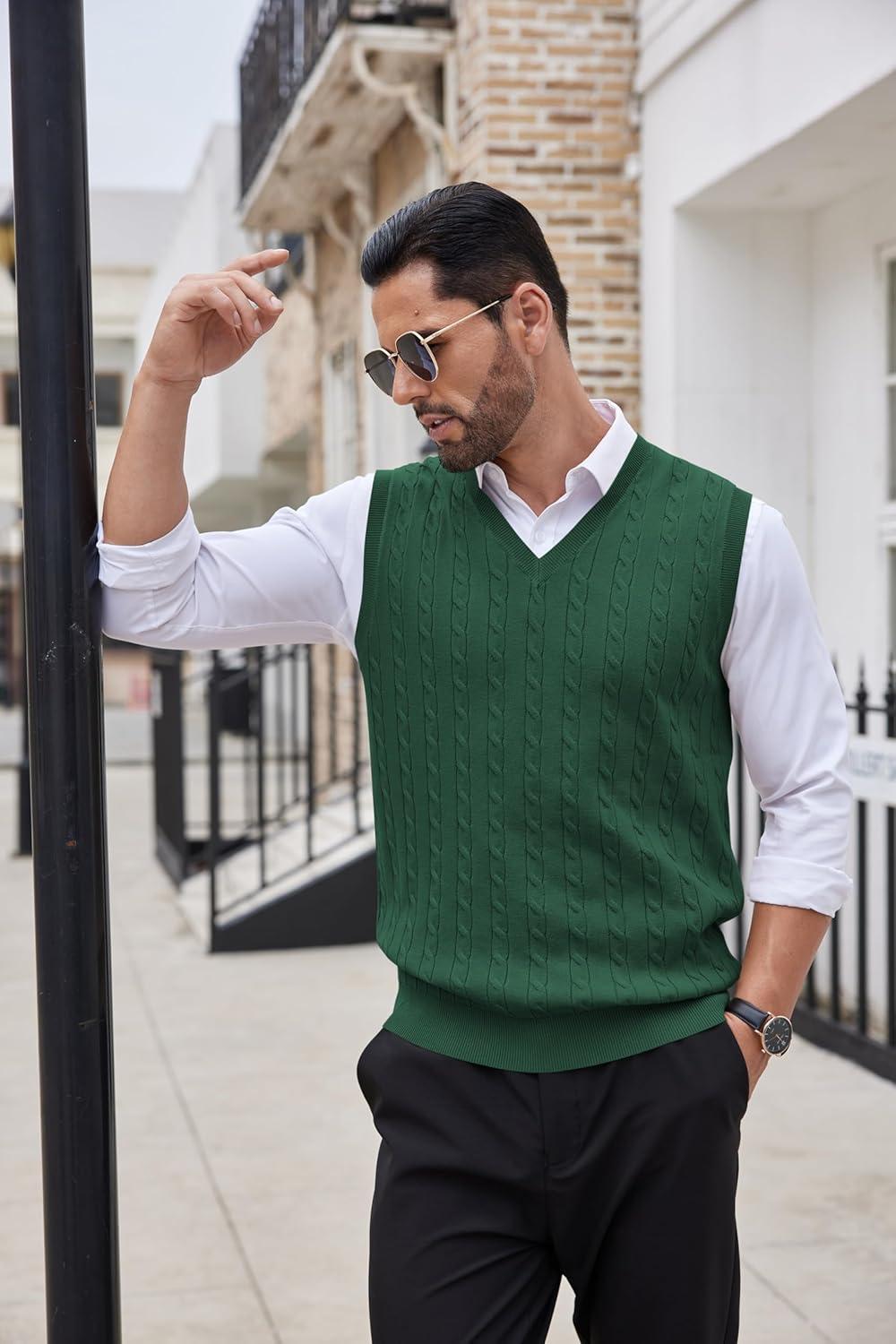 imageCOOFANDY Mens Sweater Vest V Neck Slim Fit Cable Knitted Sleeveless Pullover SweaterGreen