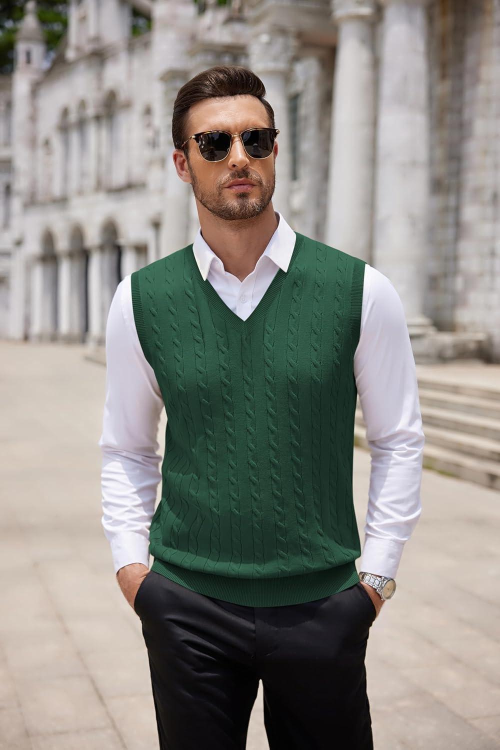 imageCOOFANDY Mens Sweater Vest V Neck Slim Fit Cable Knitted Sleeveless Pullover SweaterGreen