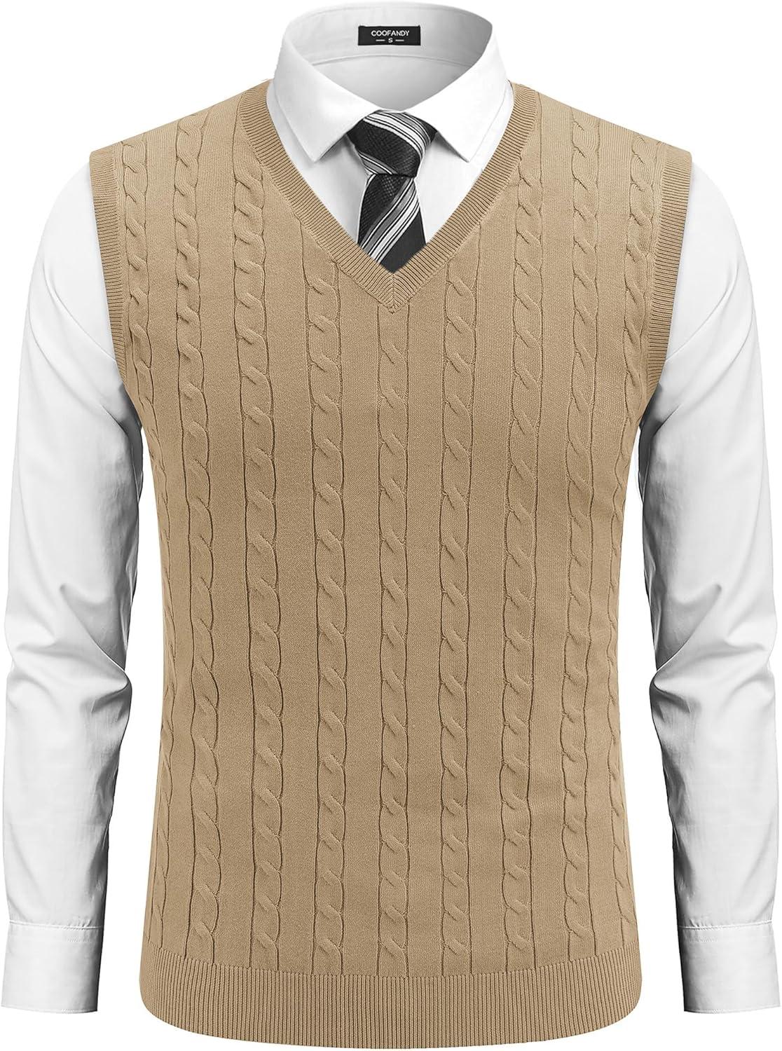 imageCOOFANDY Mens Sweater Vest V Neck Slim Fit Cable Knitted Sleeveless Pullover SweaterKhaki