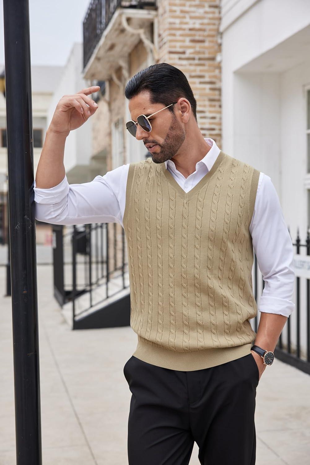 imageCOOFANDY Mens Sweater Vest V Neck Slim Fit Cable Knitted Sleeveless Pullover SweaterKhaki