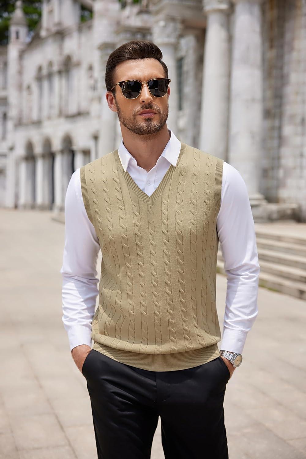 imageCOOFANDY Mens Sweater Vest V Neck Slim Fit Cable Knitted Sleeveless Pullover SweaterKhaki