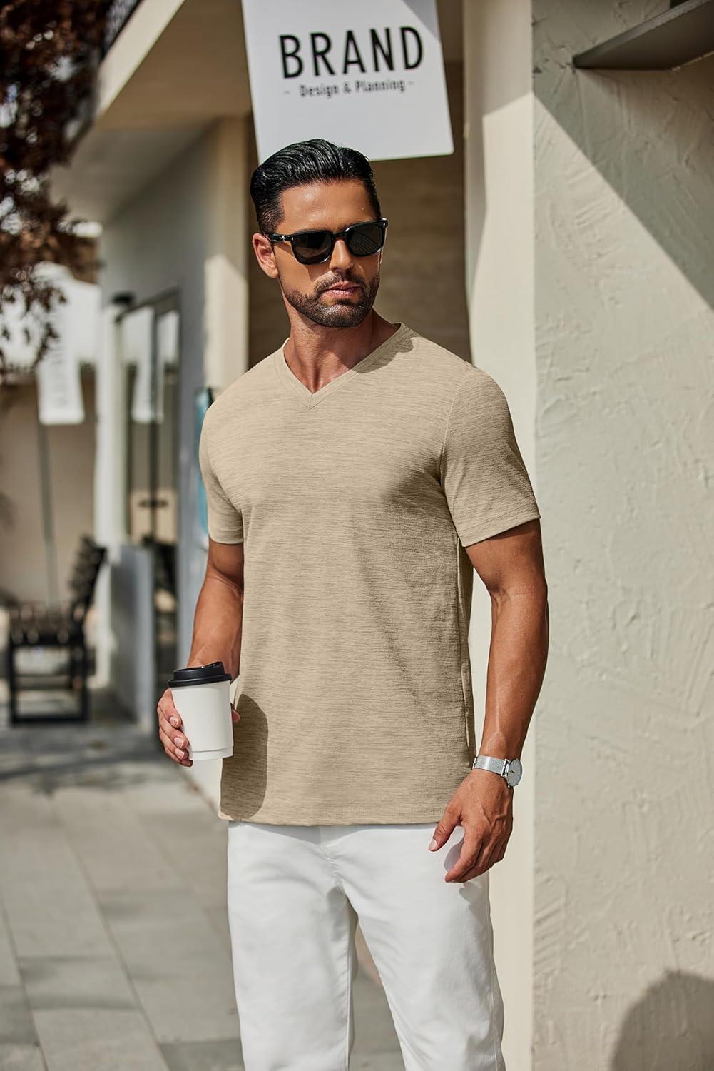 imageCOOFANDY Mens T Shirts Short Sleeve Classic V Neck TShirt Casual Summer Basic Tee ShirtKhaki