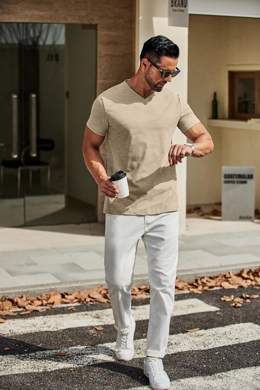 imageCOOFANDY Mens T Shirts Short Sleeve Classic V Neck TShirt Casual Summer Basic Tee ShirtKhaki