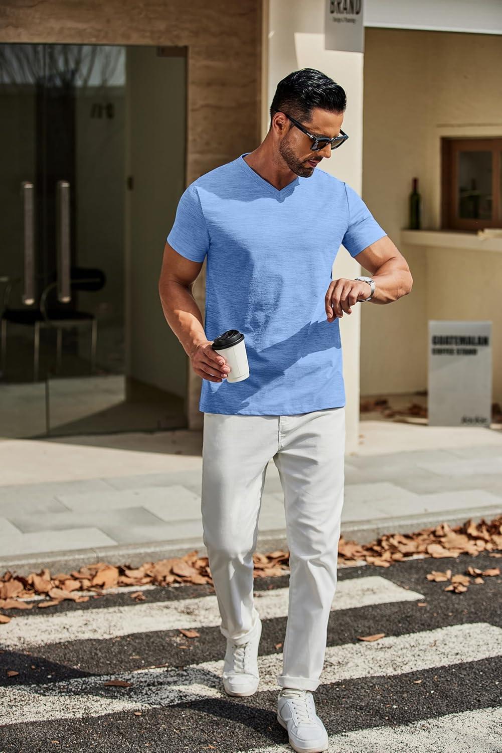 imageCOOFANDY Mens T Shirts Short Sleeve Classic V Neck TShirt Casual Summer Basic Tee ShirtLight Blue