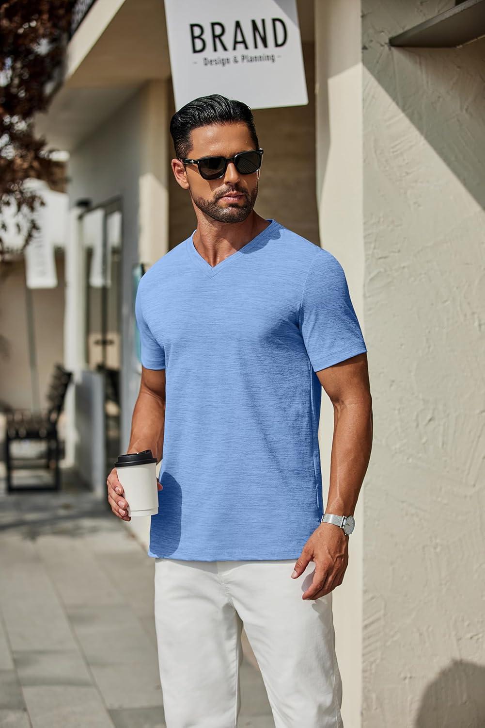 imageCOOFANDY Mens T Shirts Short Sleeve Classic V Neck TShirt Casual Summer Basic Tee ShirtLight Blue