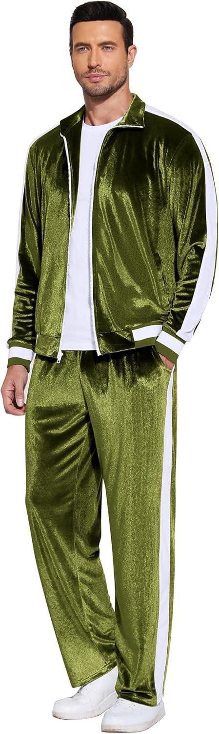 imageCOOFANDY Mens Tracksuit 2 Piece Set Velour Sweatsuit Jogging Suits Full Zip Jacket Pants OutfitsArmy Green