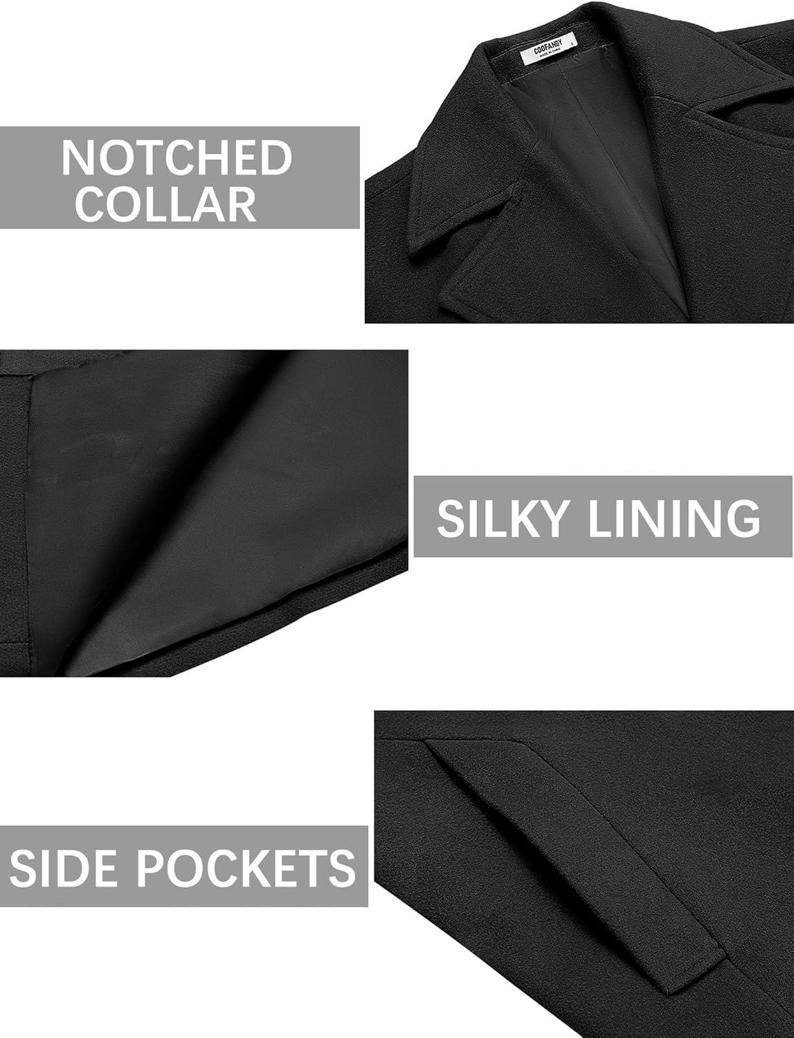 imageCOOFANDY Mens Trench Coat Notched Collar Single Breasted Peacoat Winter Overcoat With PocketsBlack
