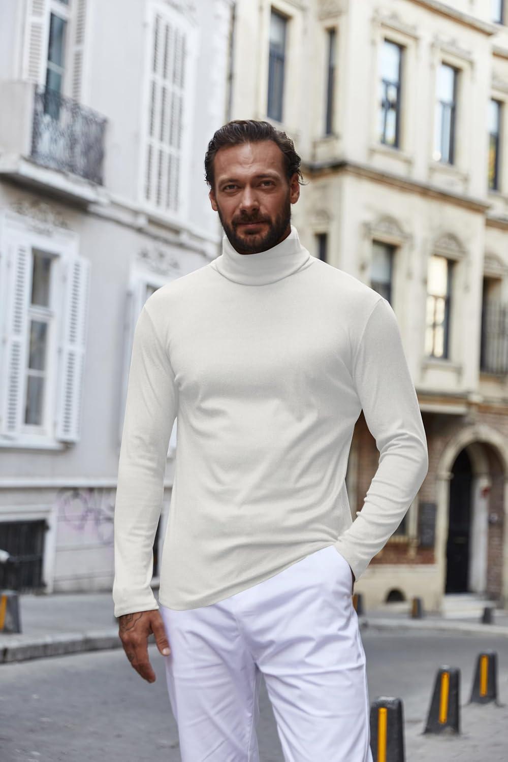 imageCOOFANDY Mens Turtle Neck Shirts High Neck Mock Neck T Shirts Long Sleeve Slim Fit Sweater Casual Thermal PulloverWhite