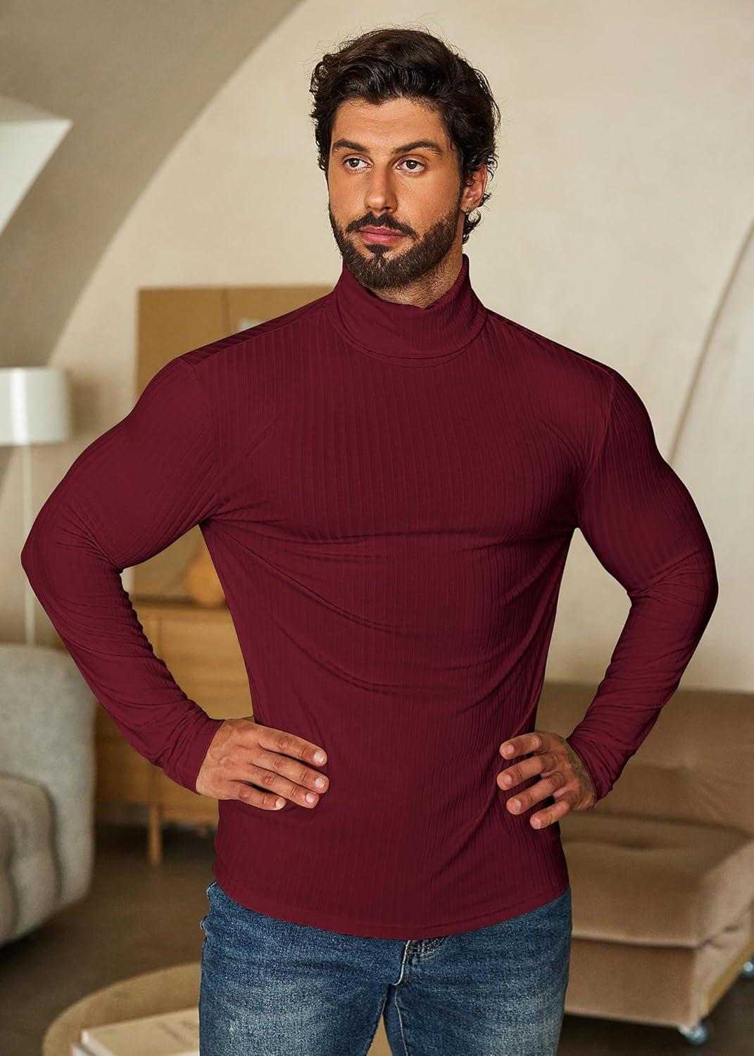 imageCOOFANDY Mens Turtleneck Sweater Slim Fit Lightweight Basic Ribbed SweatersWine Red