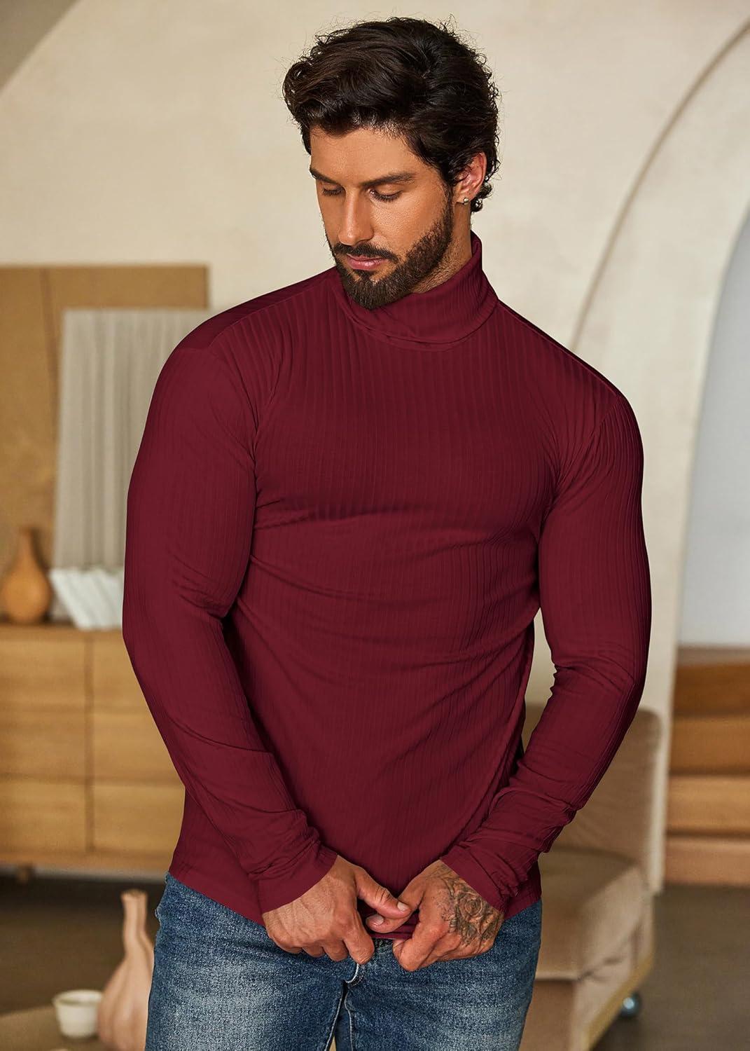 imageCOOFANDY Mens Turtleneck Sweater Slim Fit Lightweight Basic Ribbed SweatersWine Red
