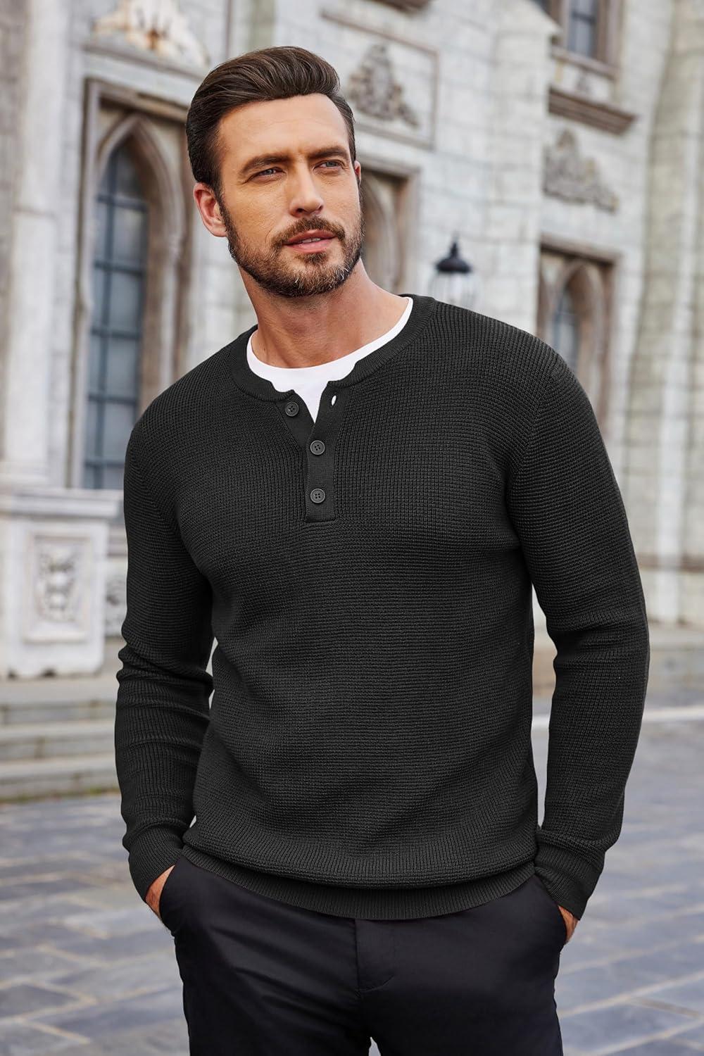 imageCOOFANDY Mens Waffle Henley Shirts Crewneck Lightweight Sweater Long Sleeve Causal Knitted Pullover T ShirtBlack
