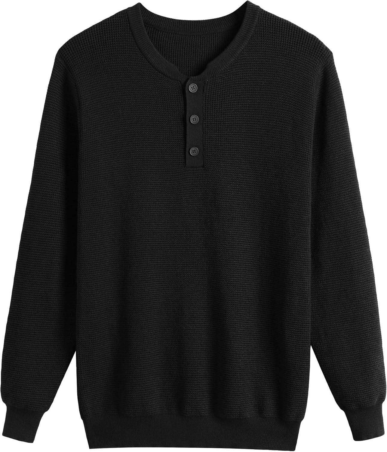 imageCOOFANDY Mens Waffle Henley Shirts Crewneck Lightweight Sweater Long Sleeve Causal Knitted Pullover T ShirtBlack