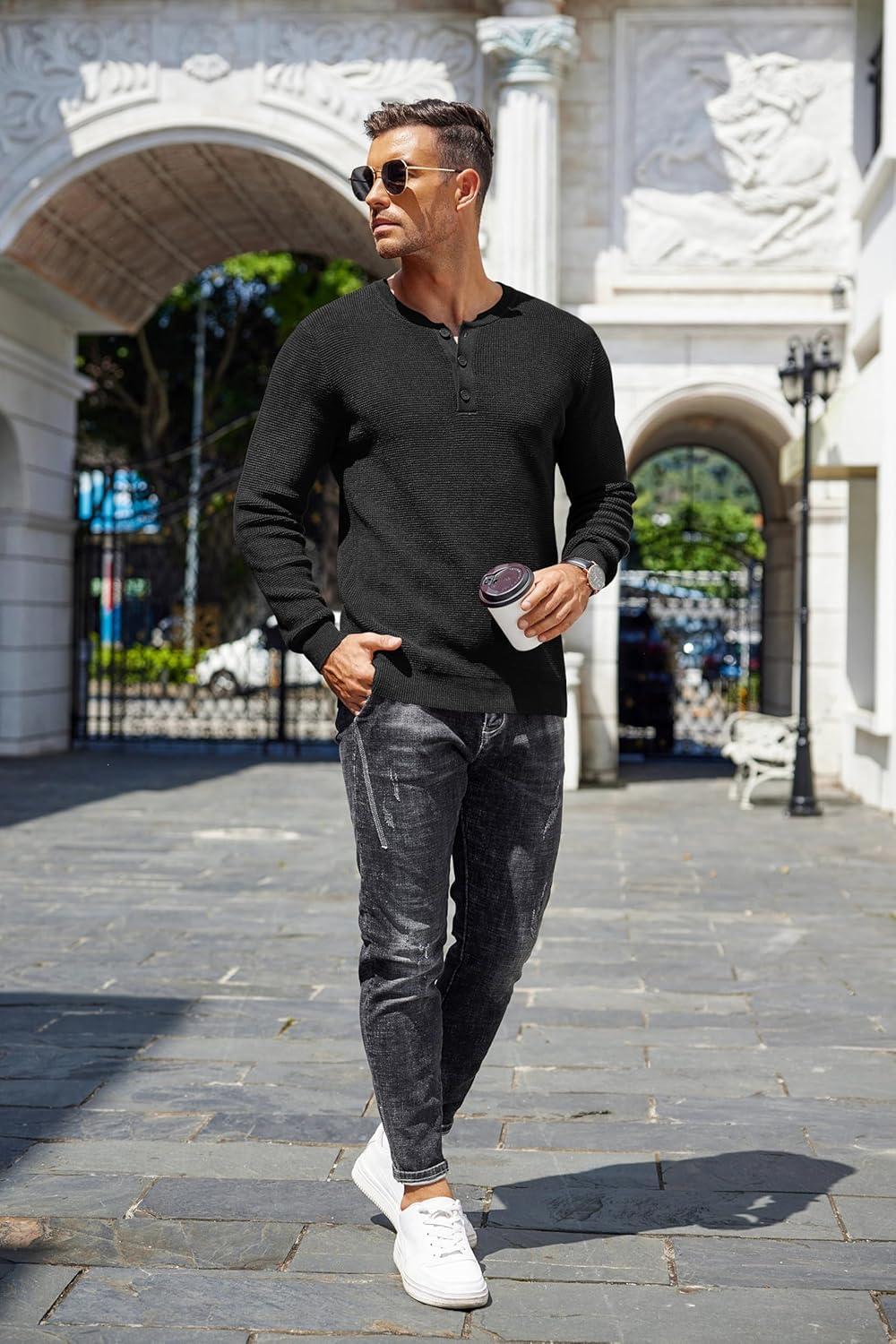 imageCOOFANDY Mens Waffle Henley Shirts Crewneck Lightweight Sweater Long Sleeve Causal Knitted Pullover T ShirtBlack