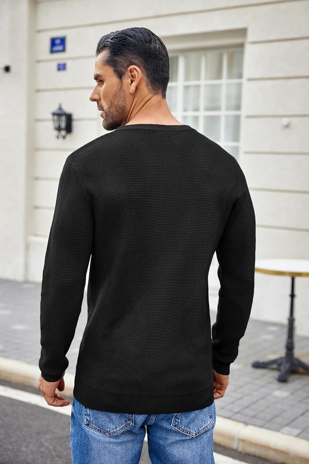 imageCOOFANDY Mens Waffle Henley Shirts Crewneck Lightweight Sweater Long Sleeve Causal Knitted Pullover T ShirtBlack