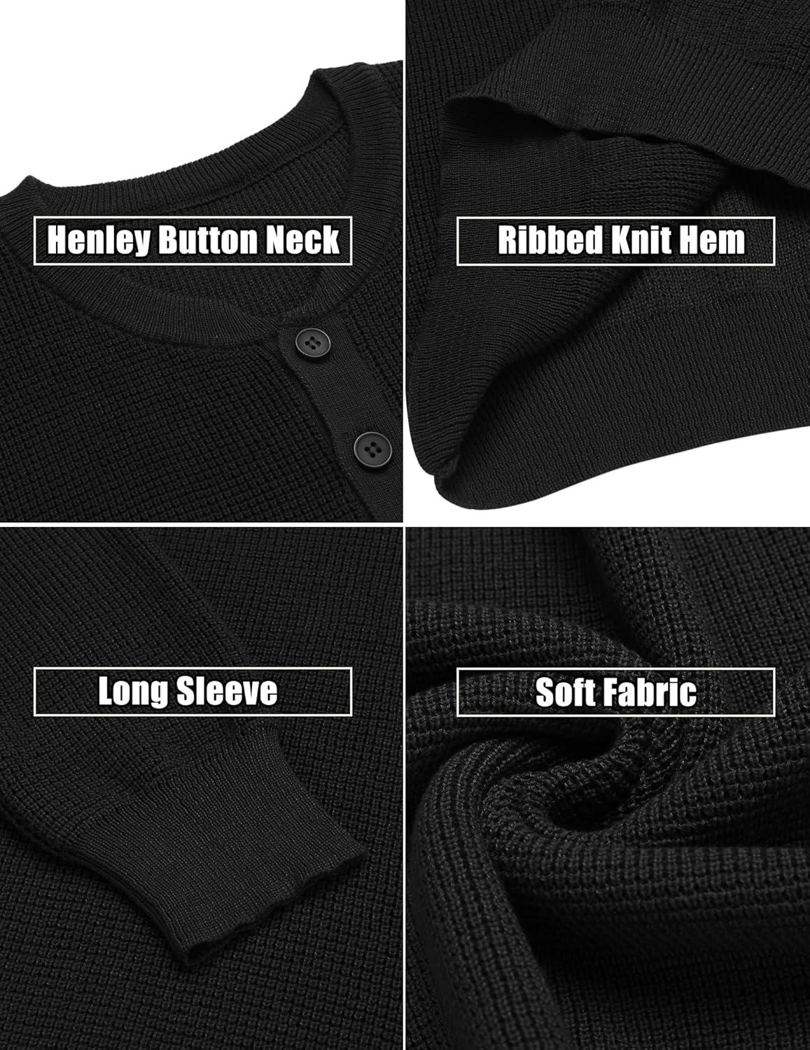 imageCOOFANDY Mens Waffle Henley Shirts Crewneck Lightweight Sweater Long Sleeve Causal Knitted Pullover T ShirtBlack